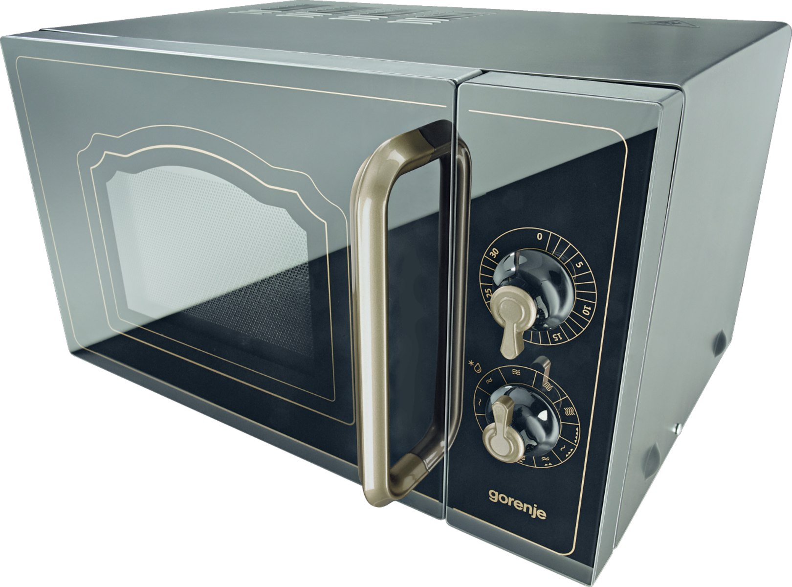 Czarny piekarnik mikrofalowy ze złotym uchwytem i detalami. Pokrętła kontrolują czas i moc.