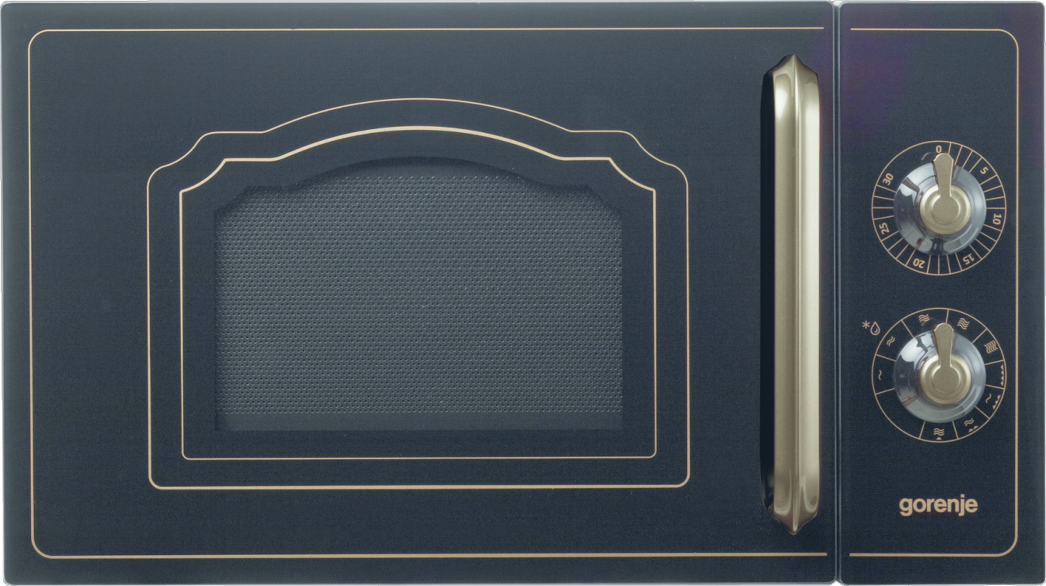 Czarna kuchenka mikrofalowa ze złotymi wykończeniami i uchwytem. Pokrętła po prawej.