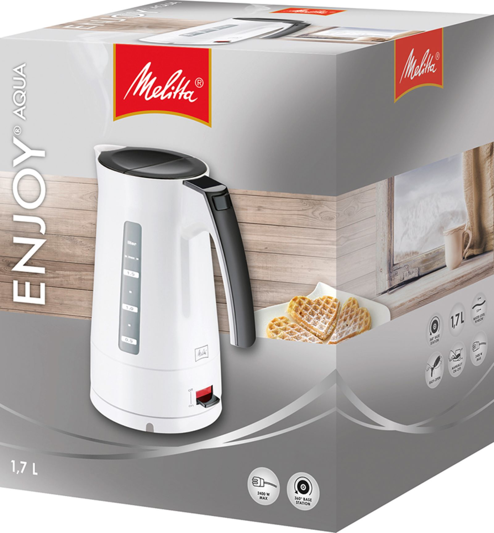 Weißer Wasserkocher mit schwarzem Griff. Eine Box zeigt den Wasserkocher, Waffeln und Text: Enjoy Aqua Melitta.