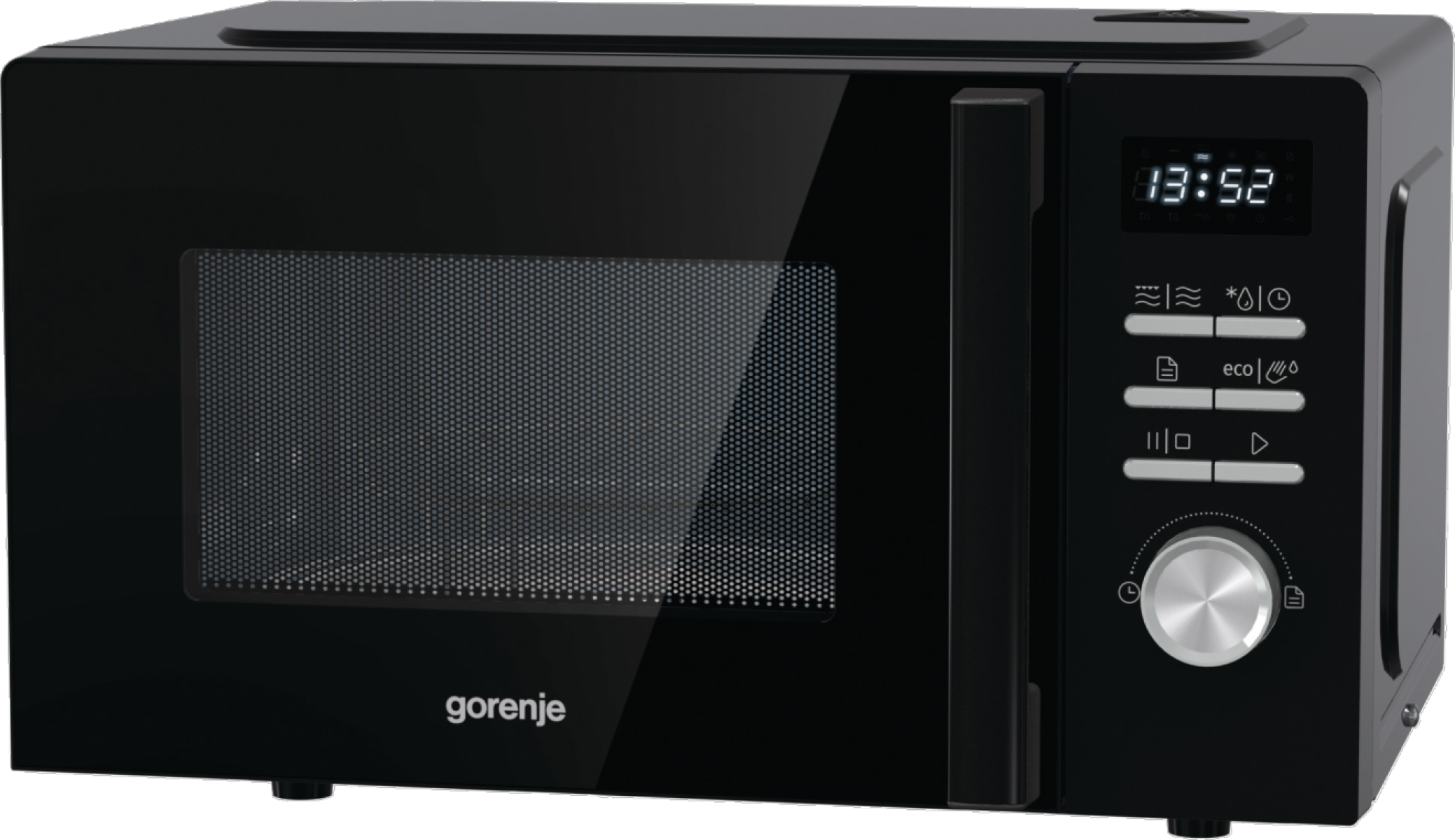 Schwarzer Mikrowellenherd mit Digitalanzeige und Bedienfeld. Der Markenname 'gorenje' ist sichtbar.