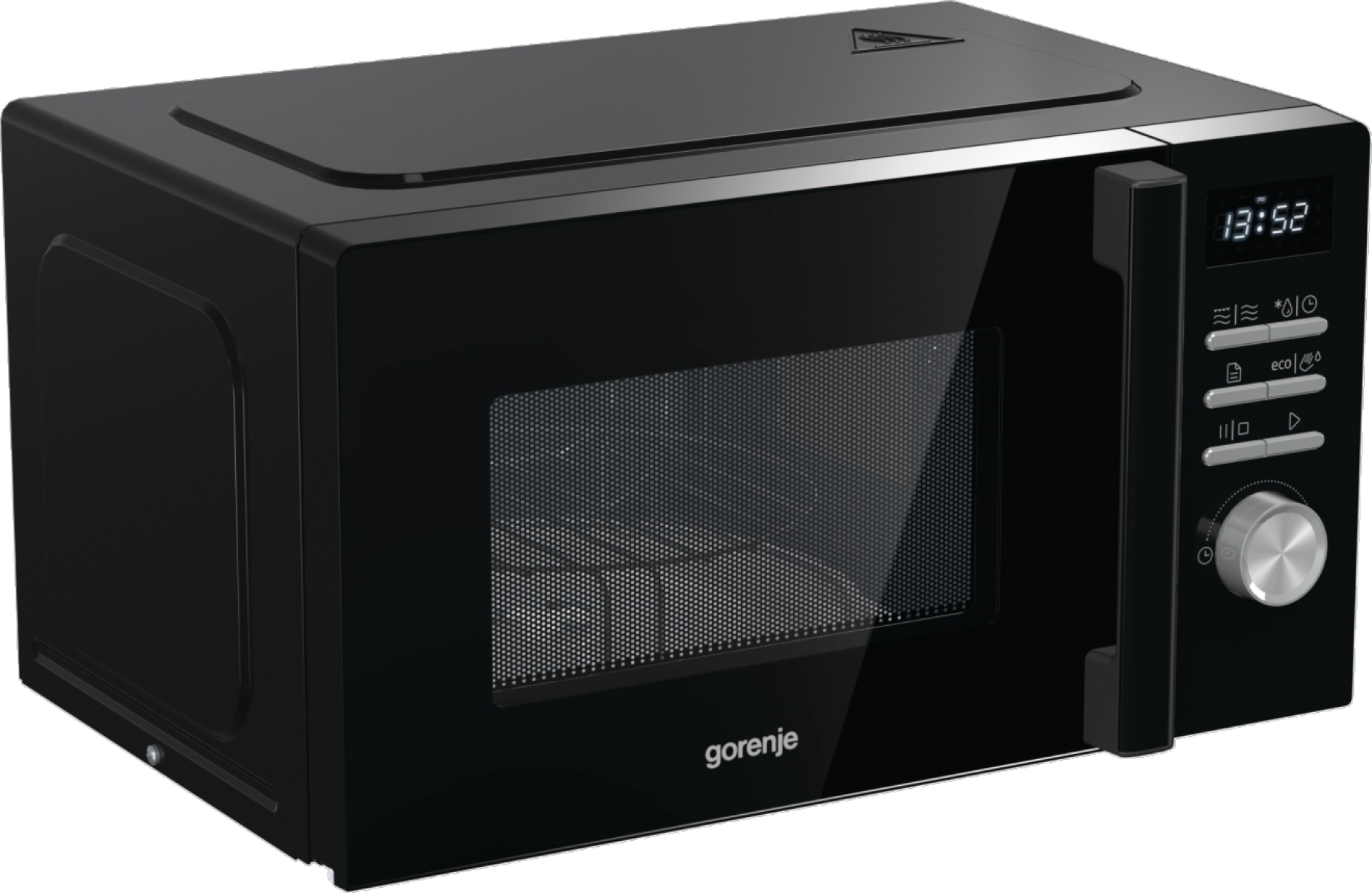 Schwarzer Mikrowellenherd mit Glastür und Digitalanzeige. Gorenje-Markenname ist sichtbar.