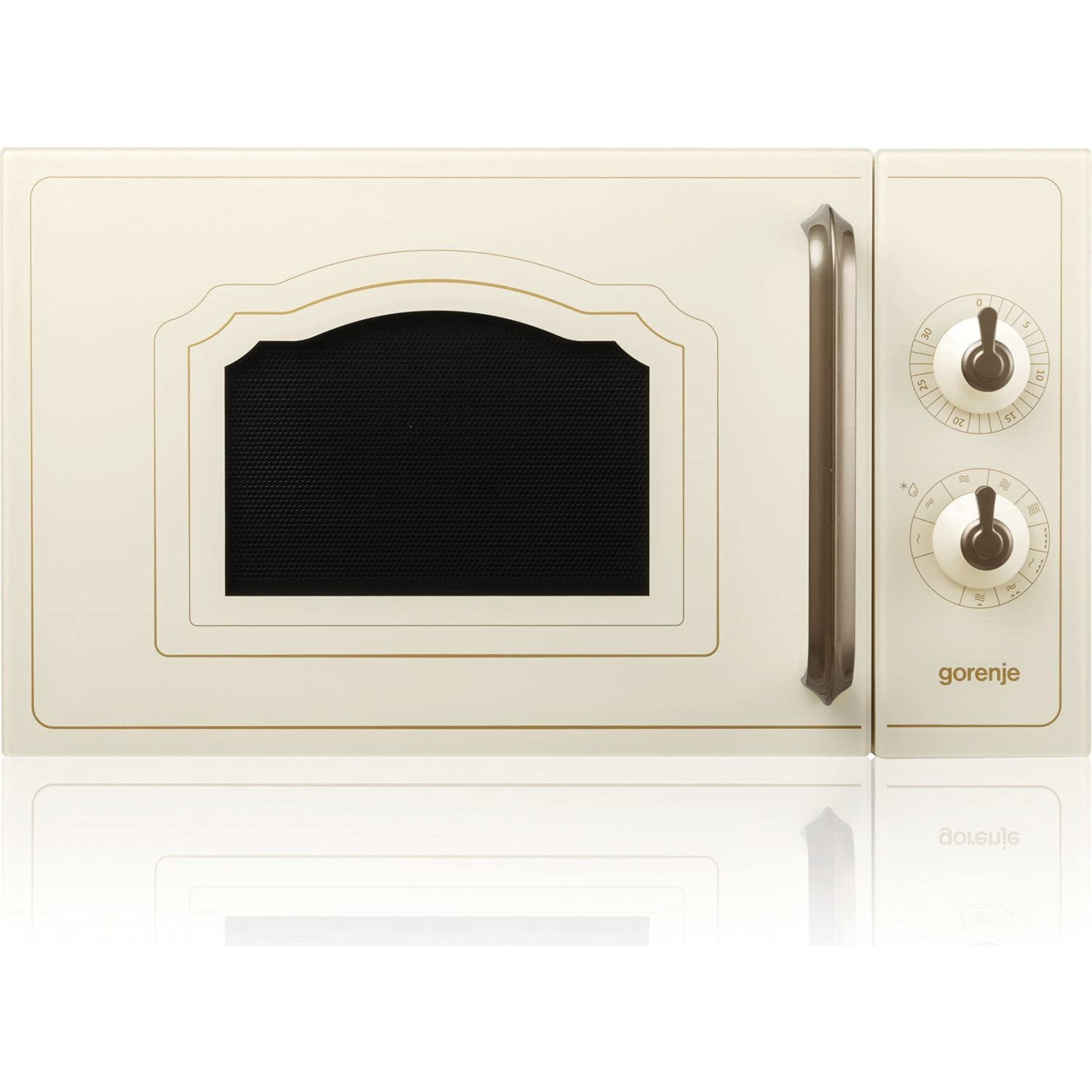 Kremowy kuchenka mikrofalowa w stylu retro z pokrętłami.