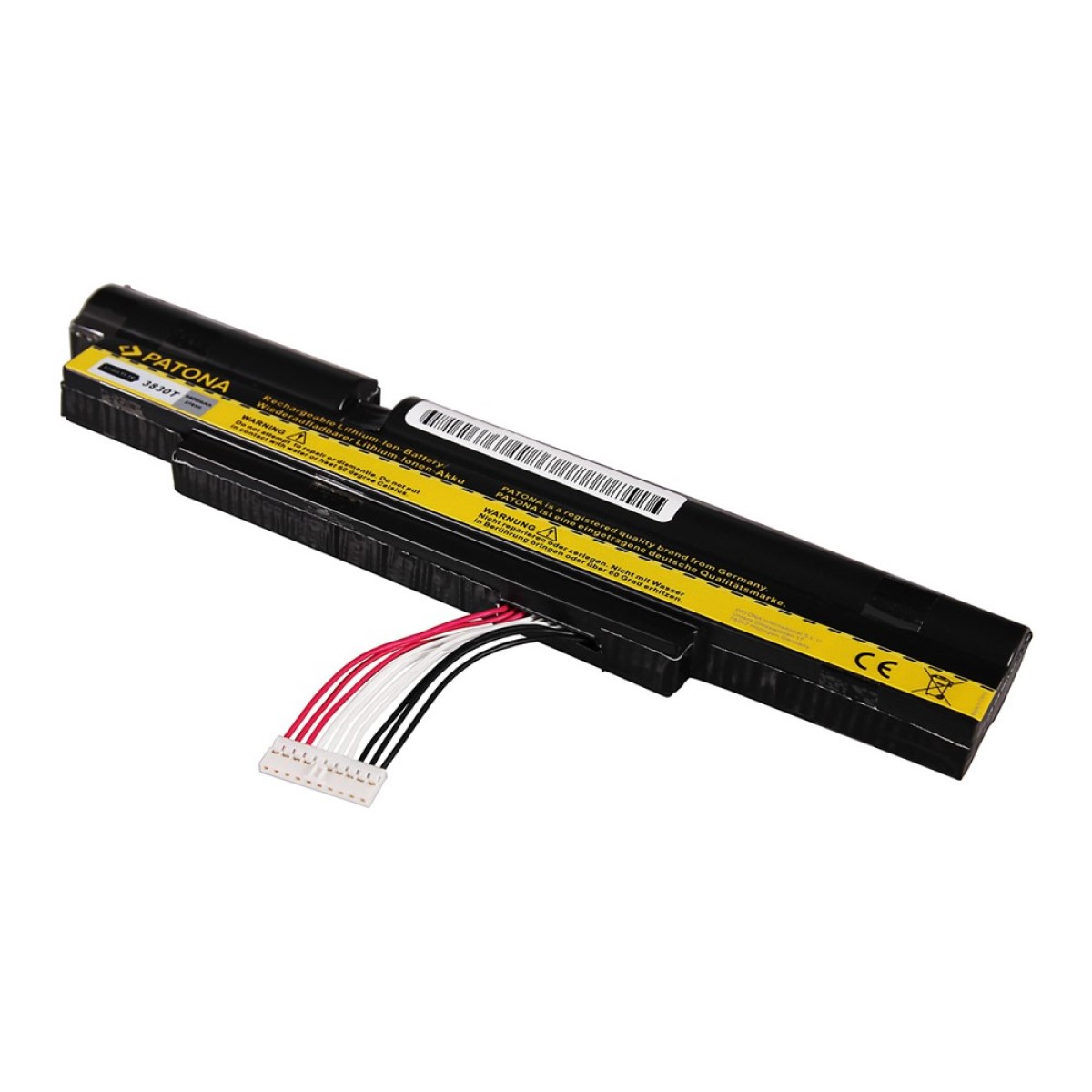 Eine schwarze und gelbe Laptop-Batterie mit Warnhinweisen und einem Stecker mit Drähten.