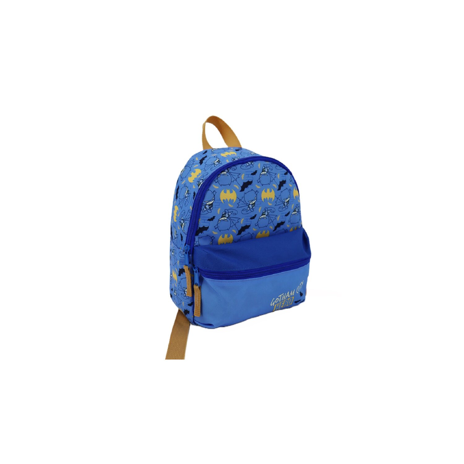 Blauer Gotham City-Rucksack mit Batman-Logos. Goldener Griff und Träger. Weißer Hintergrund.