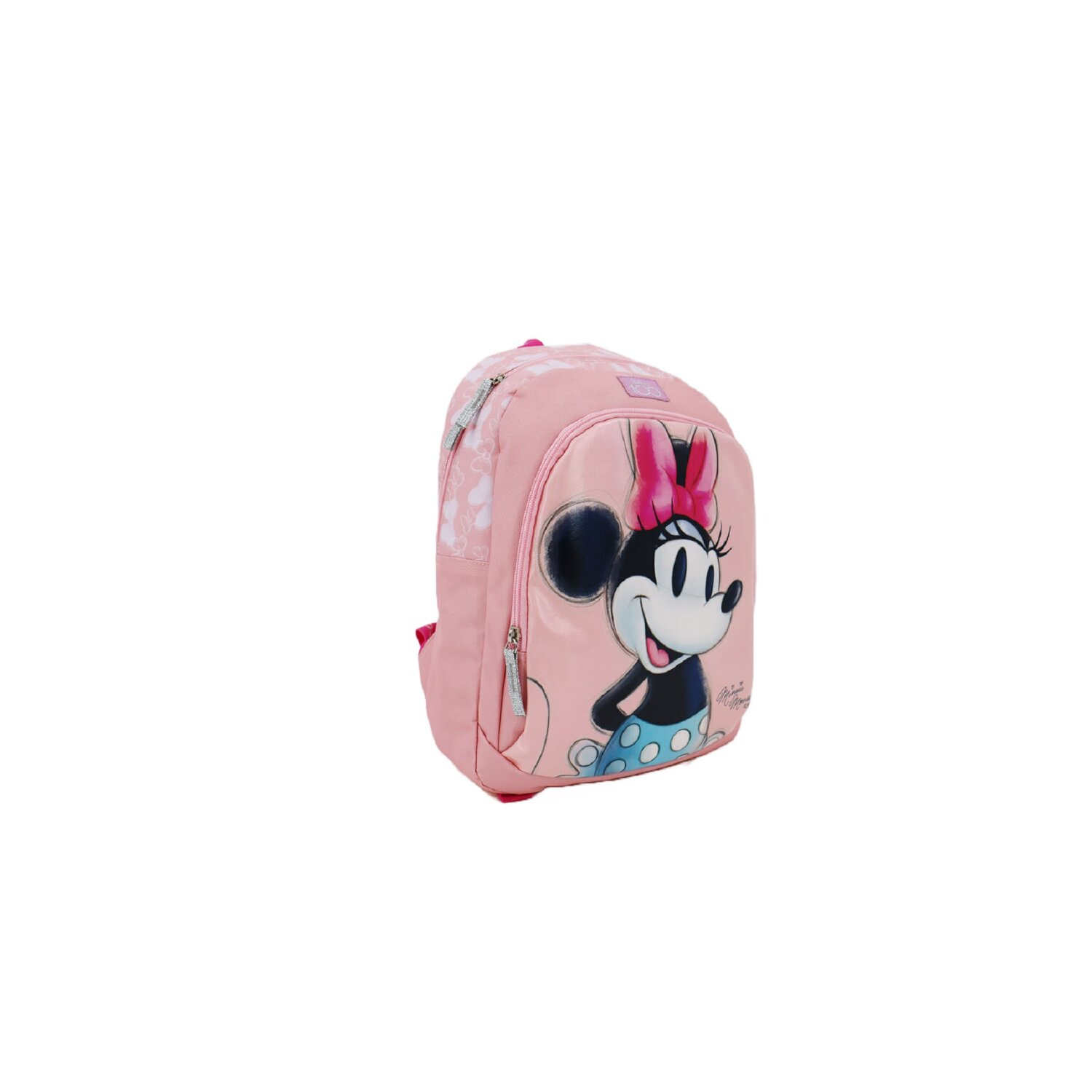 Rosa Minnie Mouse Rucksack mit einem lächelnden Gesicht.