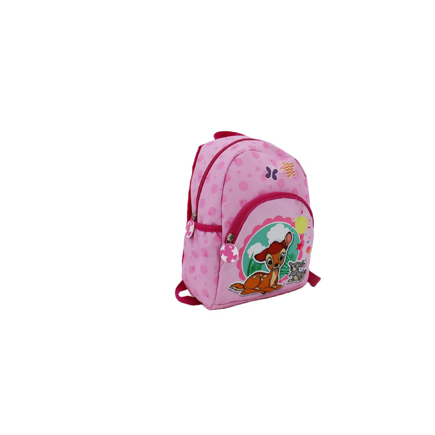 Ein rosa Rucksack mit einem Bambi-Design auf der Vorderseite mit rosa Hintergrund.