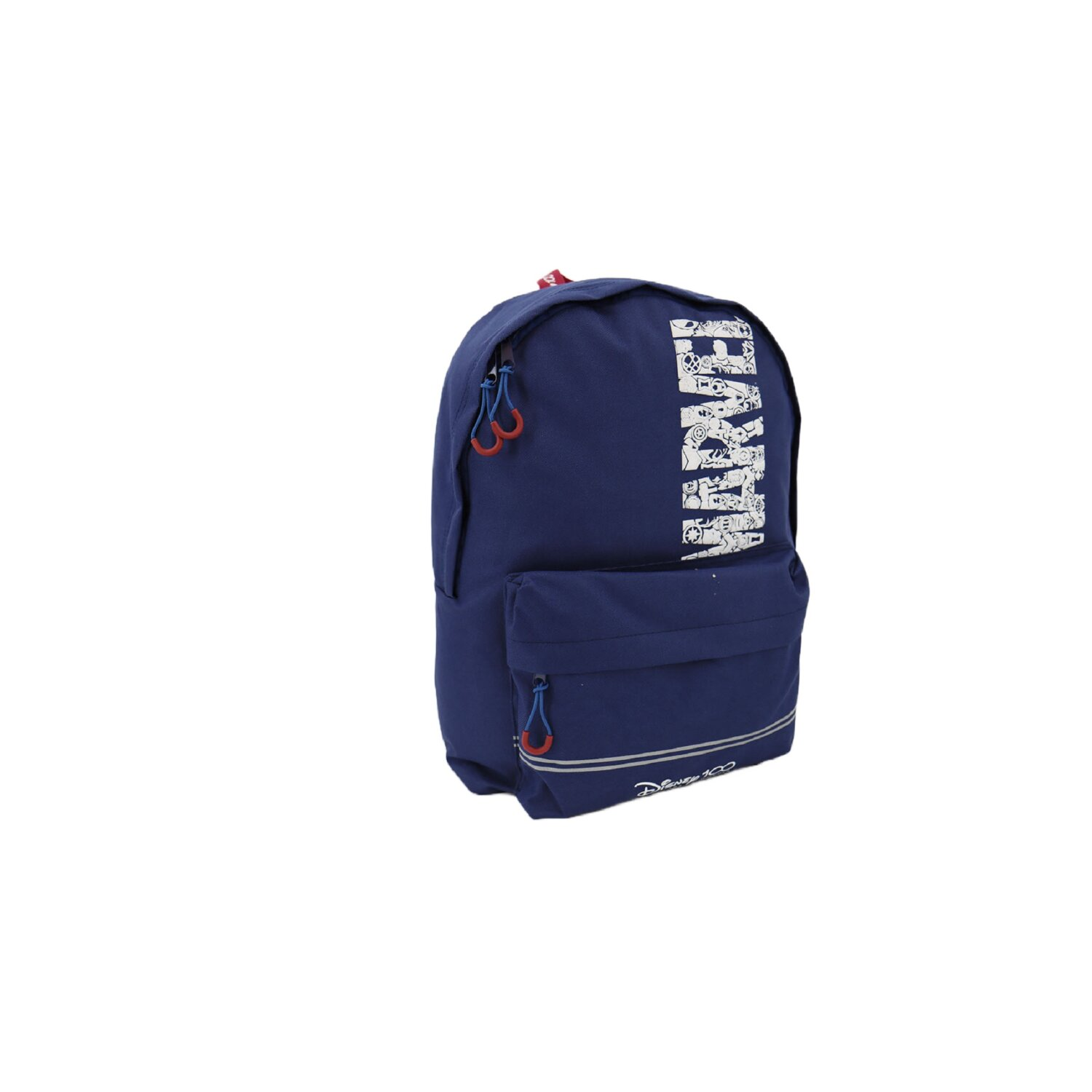 Marineblauer Marvel-Rucksack mit weißem Logo. Rote und blaue Reißverschlussanhänger. Disney 100 Logo unten.
