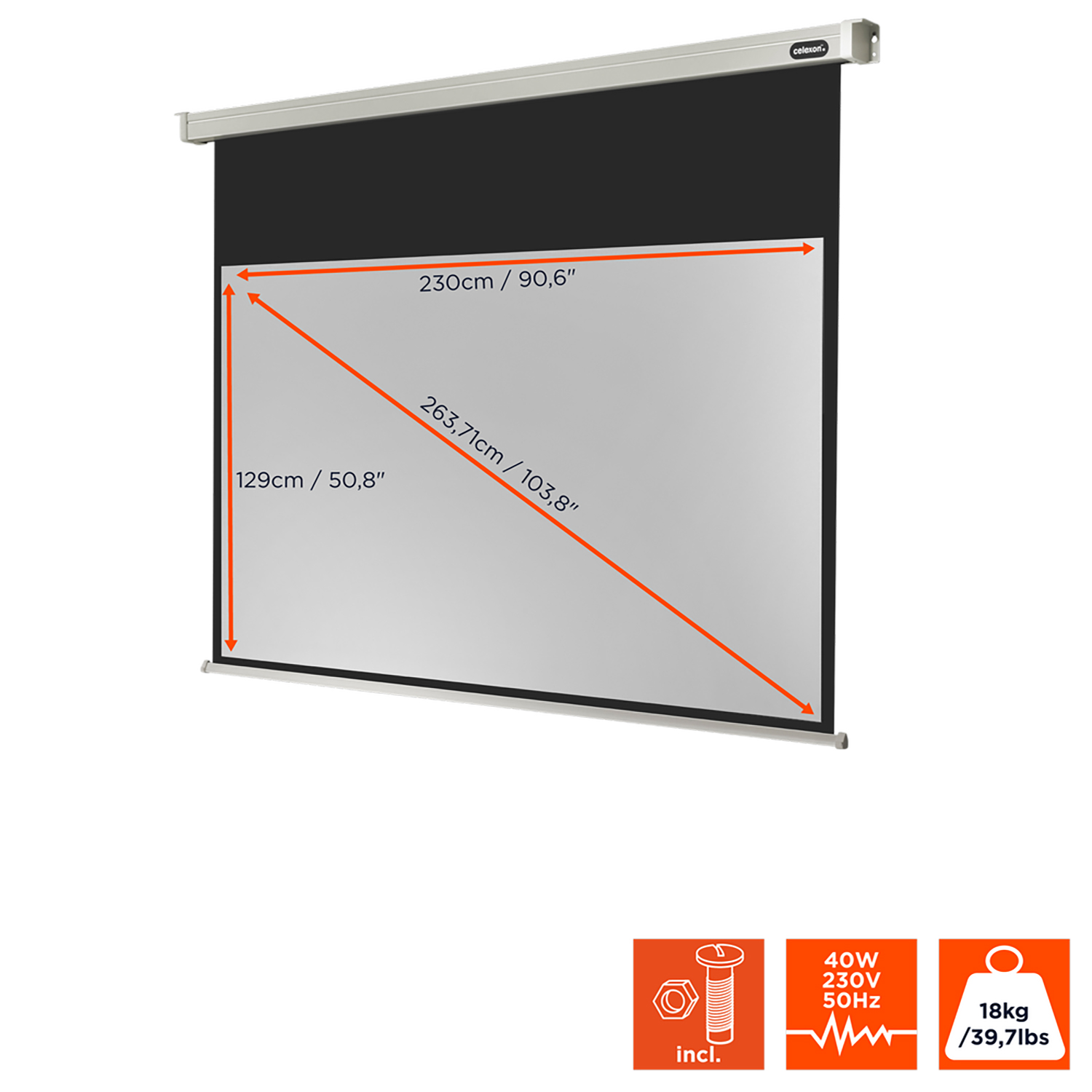 Projektorleinwand mit Abmessungen. Enthält 40W 230V 50Hz und 18kg / 39,7lbs.
