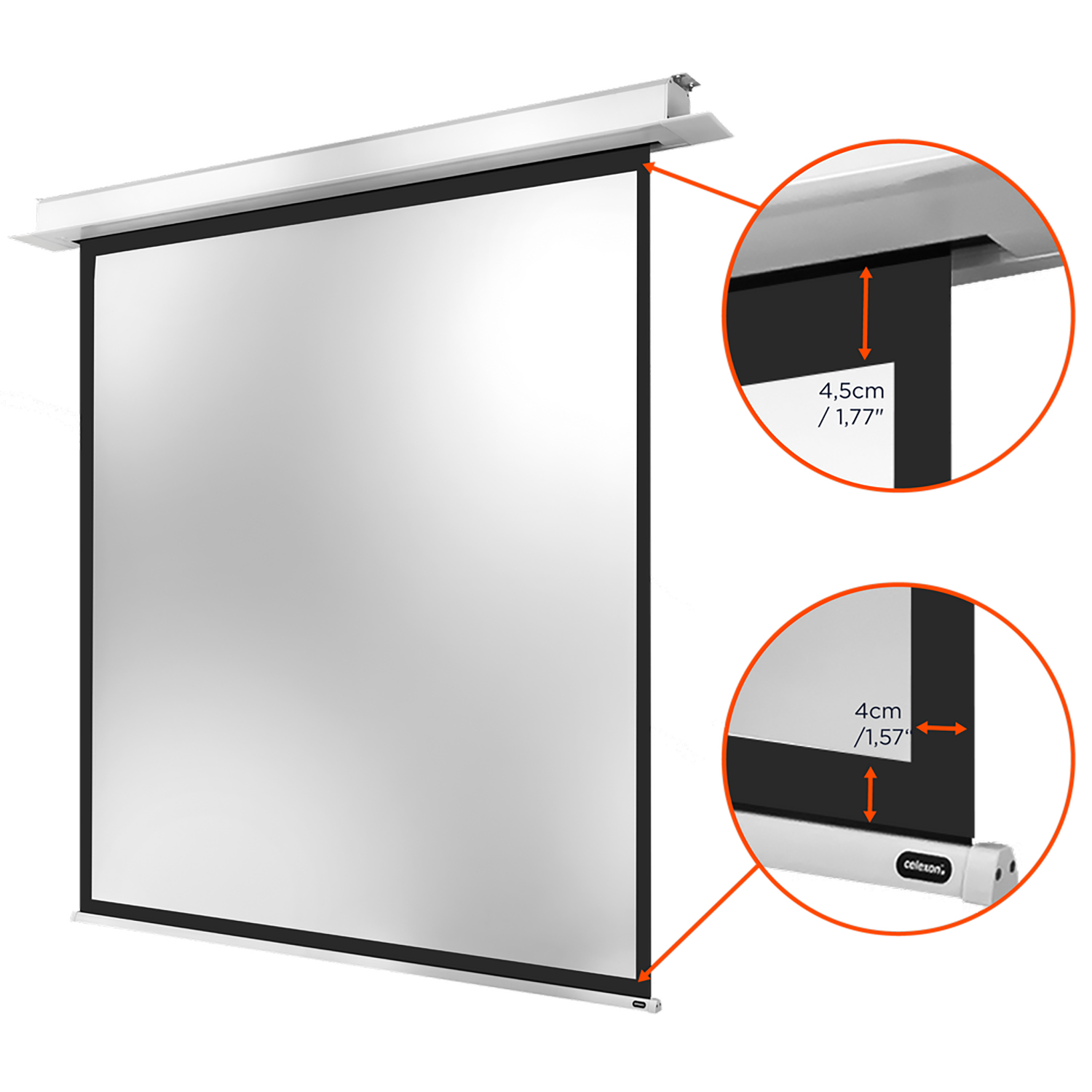 Projektorleinwand mit detaillierten Maßen. Eine weiße Leinwand mit schwarzen Rändern, an der Decke montiert.