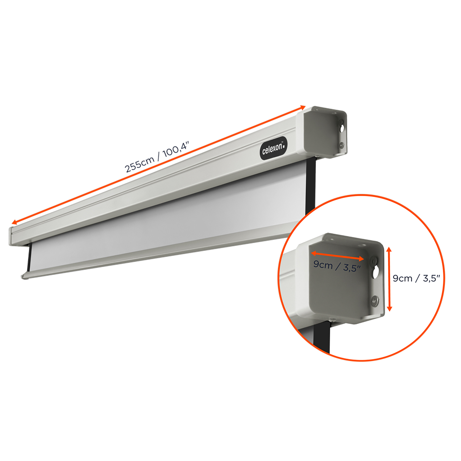 Écran de projecteur avec mesures, blanc et gris, avec un détail du boîtier.