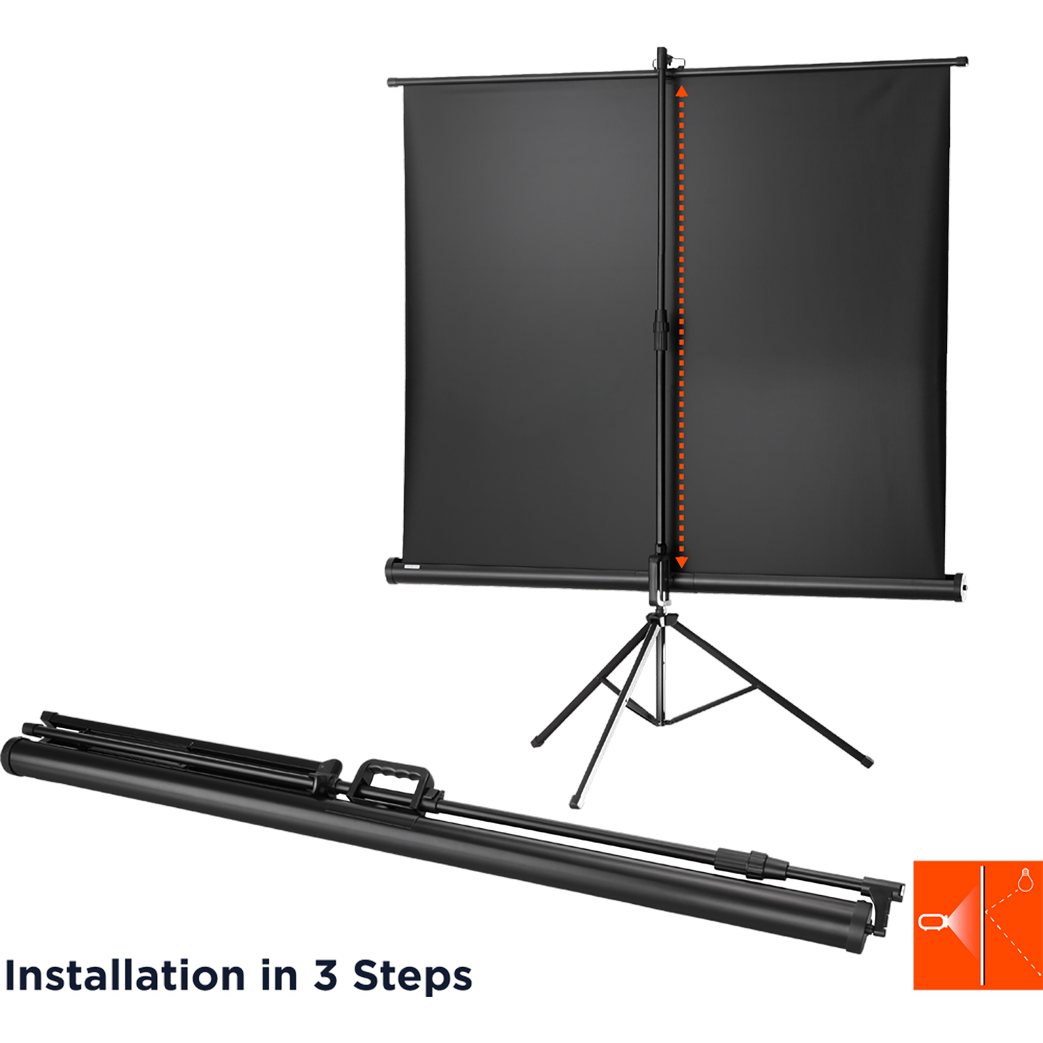 Eine schwarze Projektorleinwand auf einem Stativ. Eine zusammengefaltete Tragetasche und die Installationsschritte werden gezeigt.
