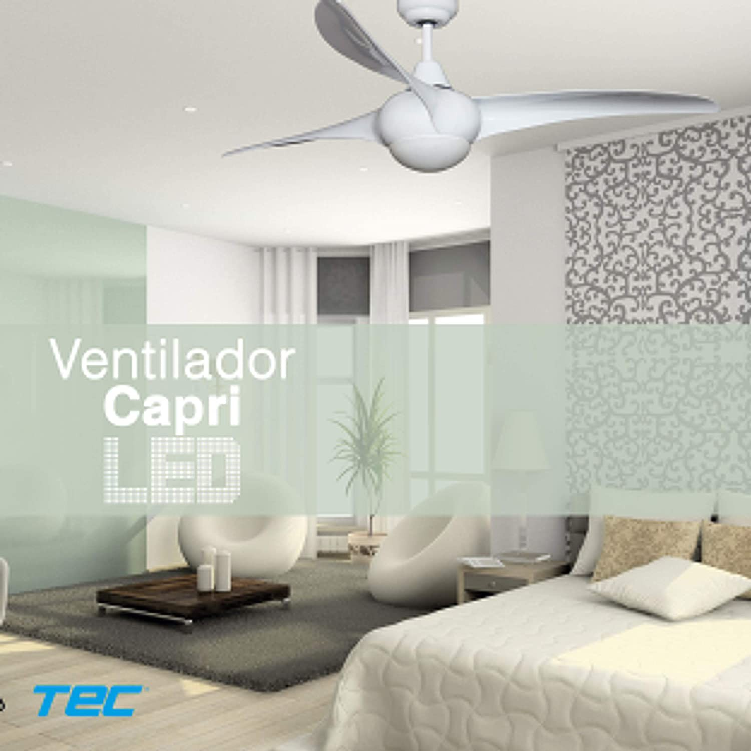 Un ventilador de techo blanco en un dormitorio. Palabras: Ventilador Capri LED.