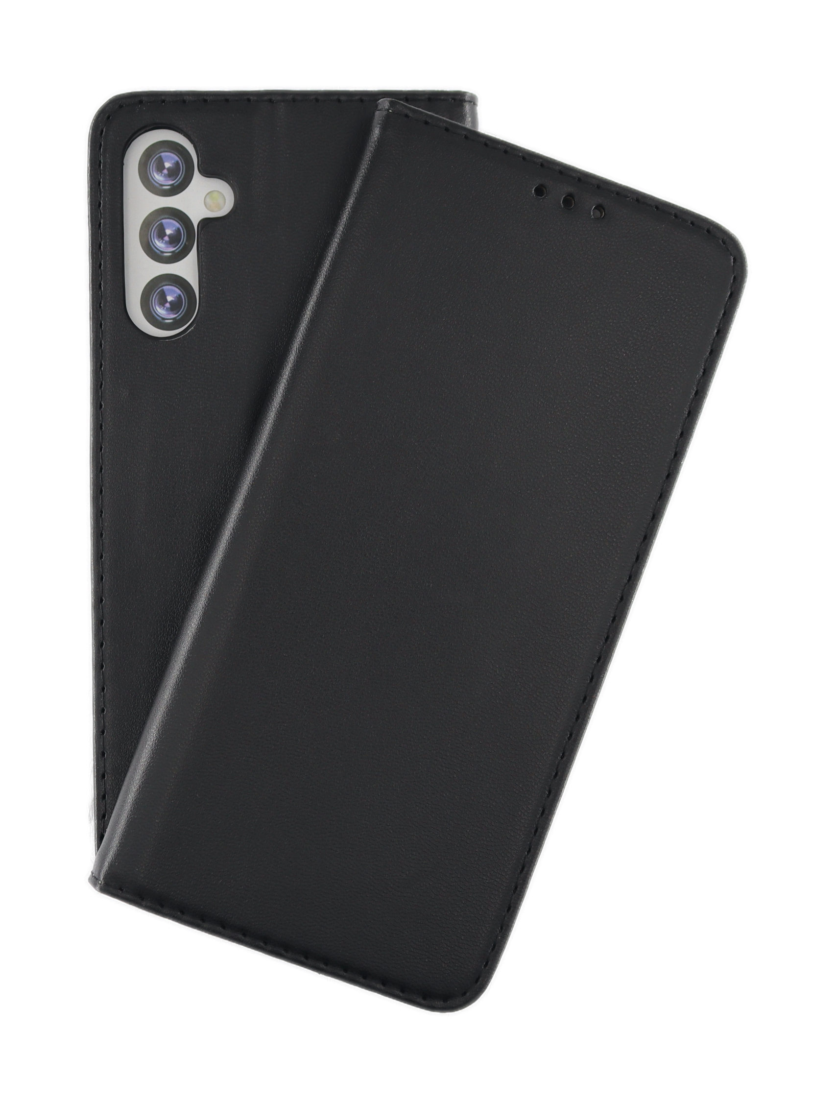 Schwarze Handyhülle. Telefon liegt darin, Kamera sichtbar. Hülle ist offen.