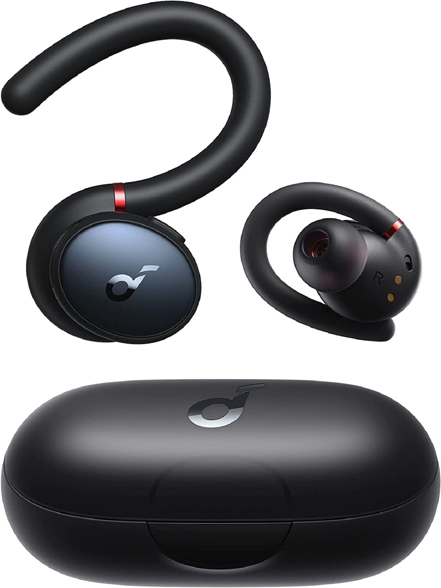 Schwarze kabellose Ohrhörer mit Ladecase. Ohrhörer haben Ohrbügel, Case ist oval.