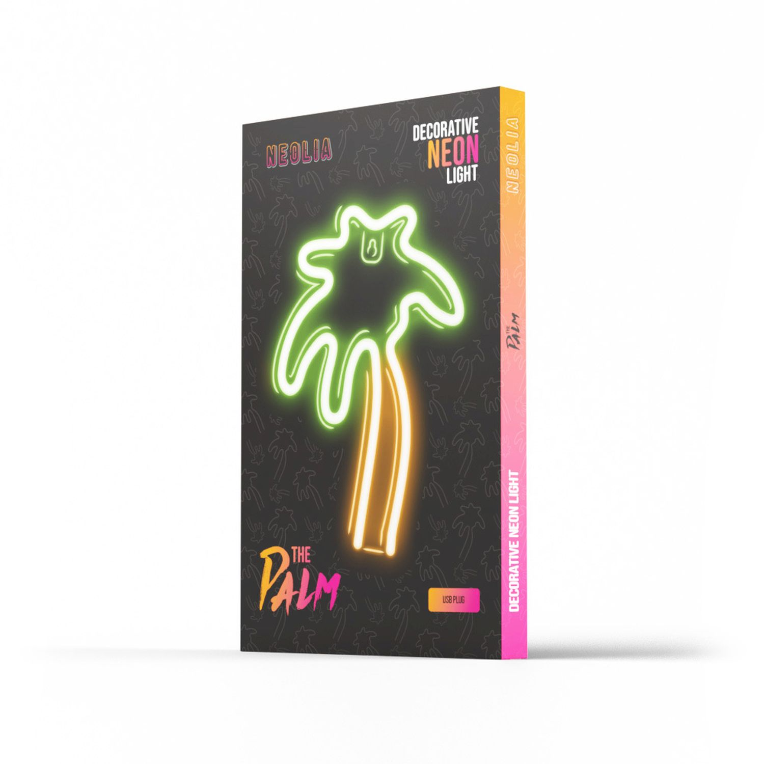 Una caja con un diseño de palmera de neón. Tiene las palabras "The Palm".