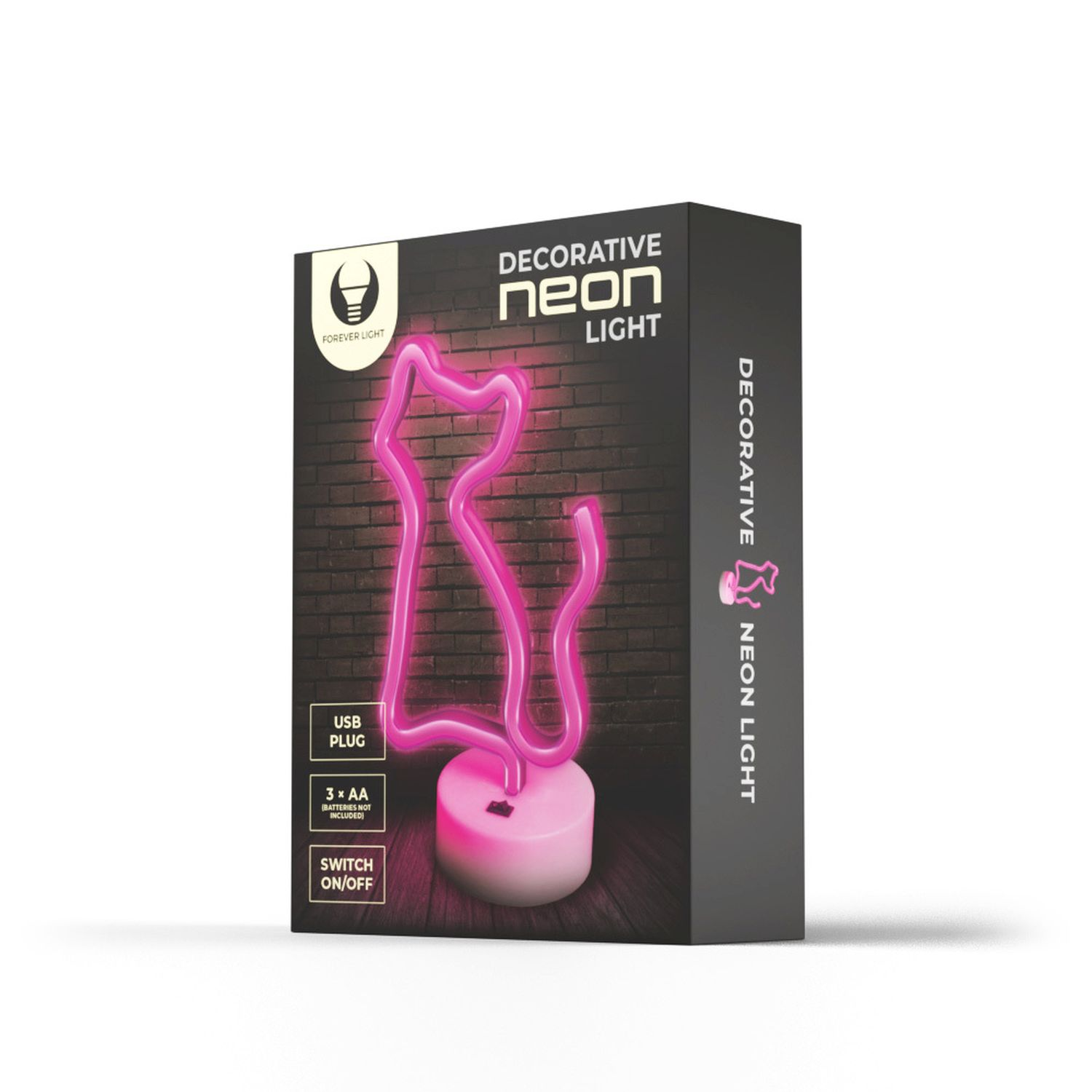 Eine pinkfarbene Neonkatze in einer schwarzen Box. Auf der Box steht 'Decorative Neon Light' und hat einen USB-Stecker.