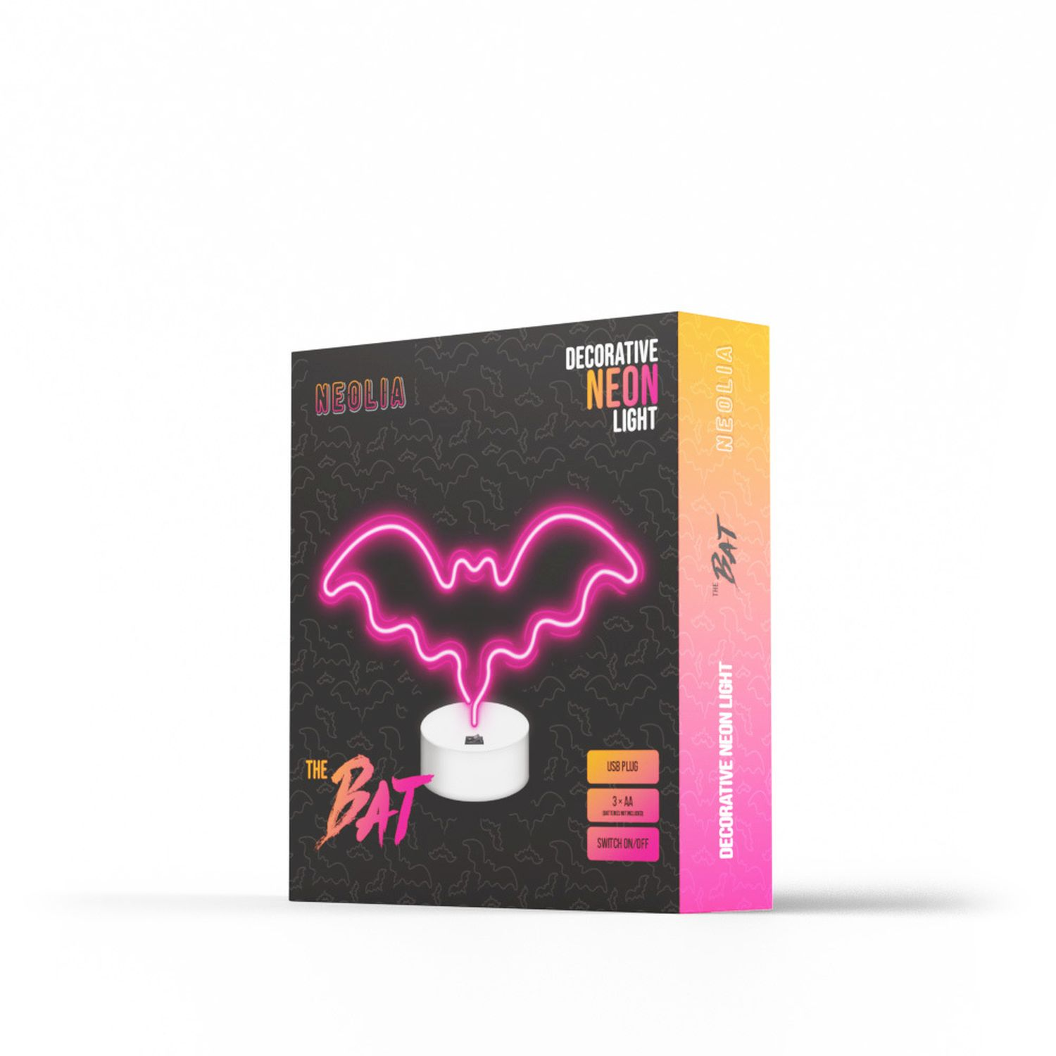 Bild zeigt ein neonförmiges Fledermauslicht in einer Box mit Text 'DECORATIVE NEON LIGHT' und 'THE BAT'.