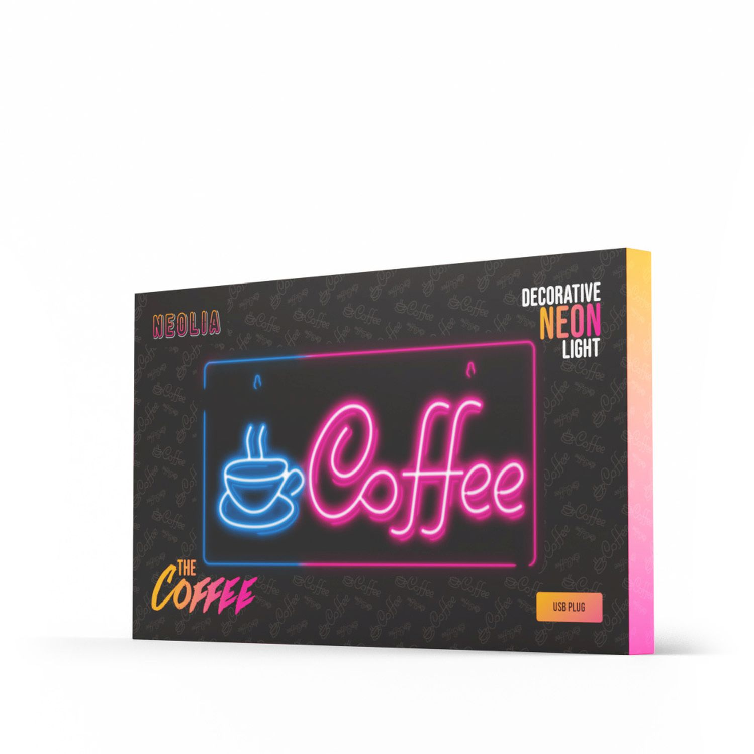 Caja con un letrero de neón que dice 'Coffee'. La caja es negra con texto rosa y azul. El fondo es blanco.