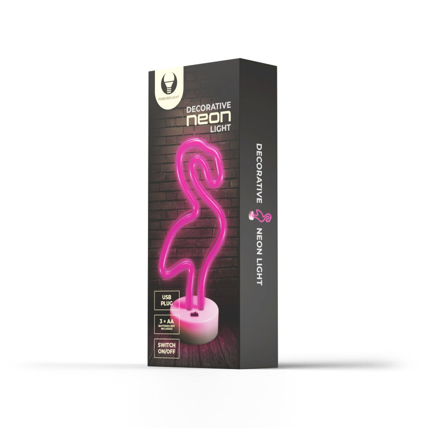 Caja con una luz de neón de flamenco rosa. Caja negra, base blanca. Marca Forever Light.