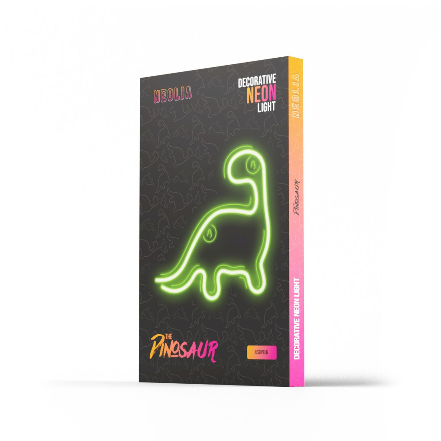 Dekorative Neon-Dinosaurier-Leuchte in einer Box, weißer Hintergrund.