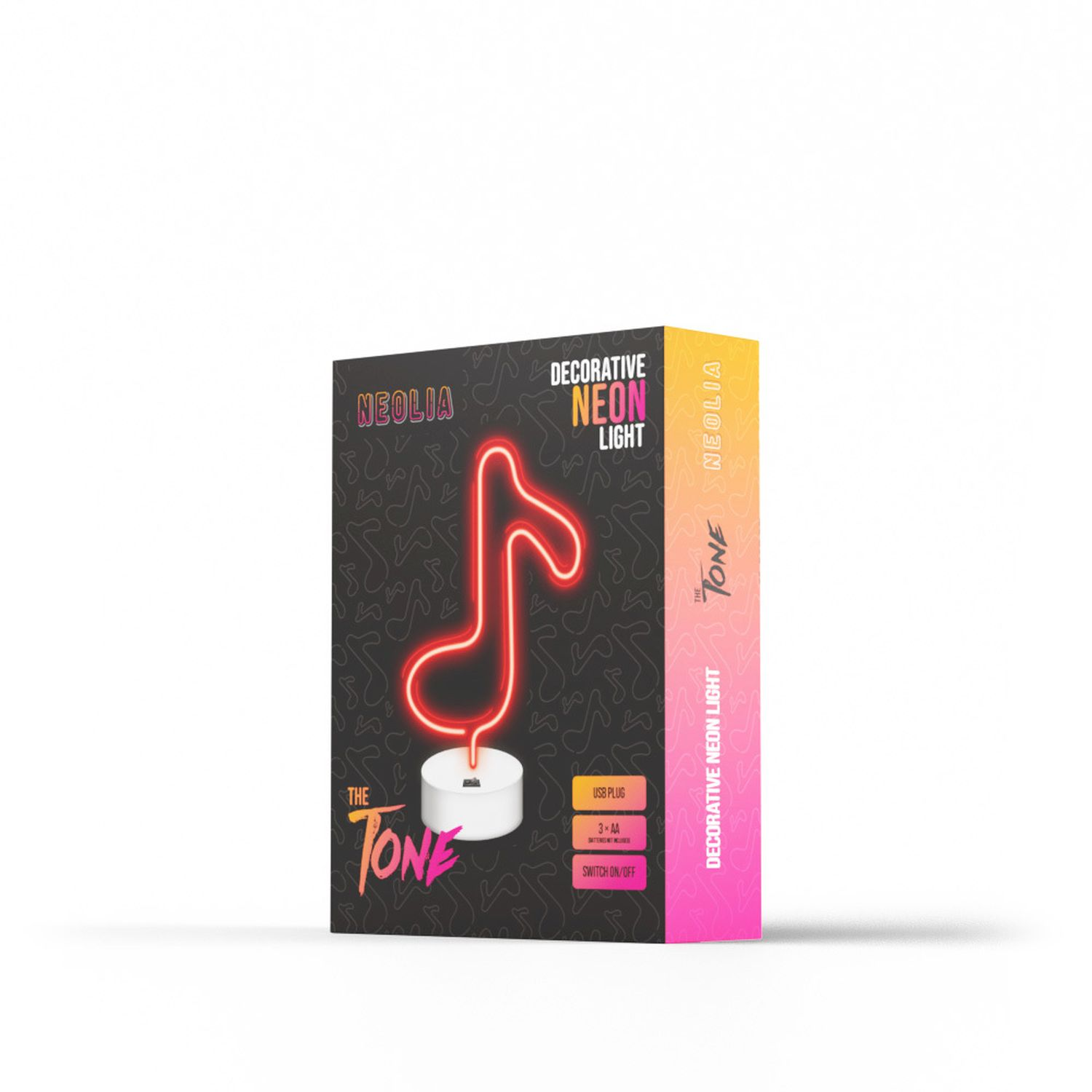 Eine Box mit einem Neon-Noten-Design. Die Box ist mit einem roten Neonlicht verziert.