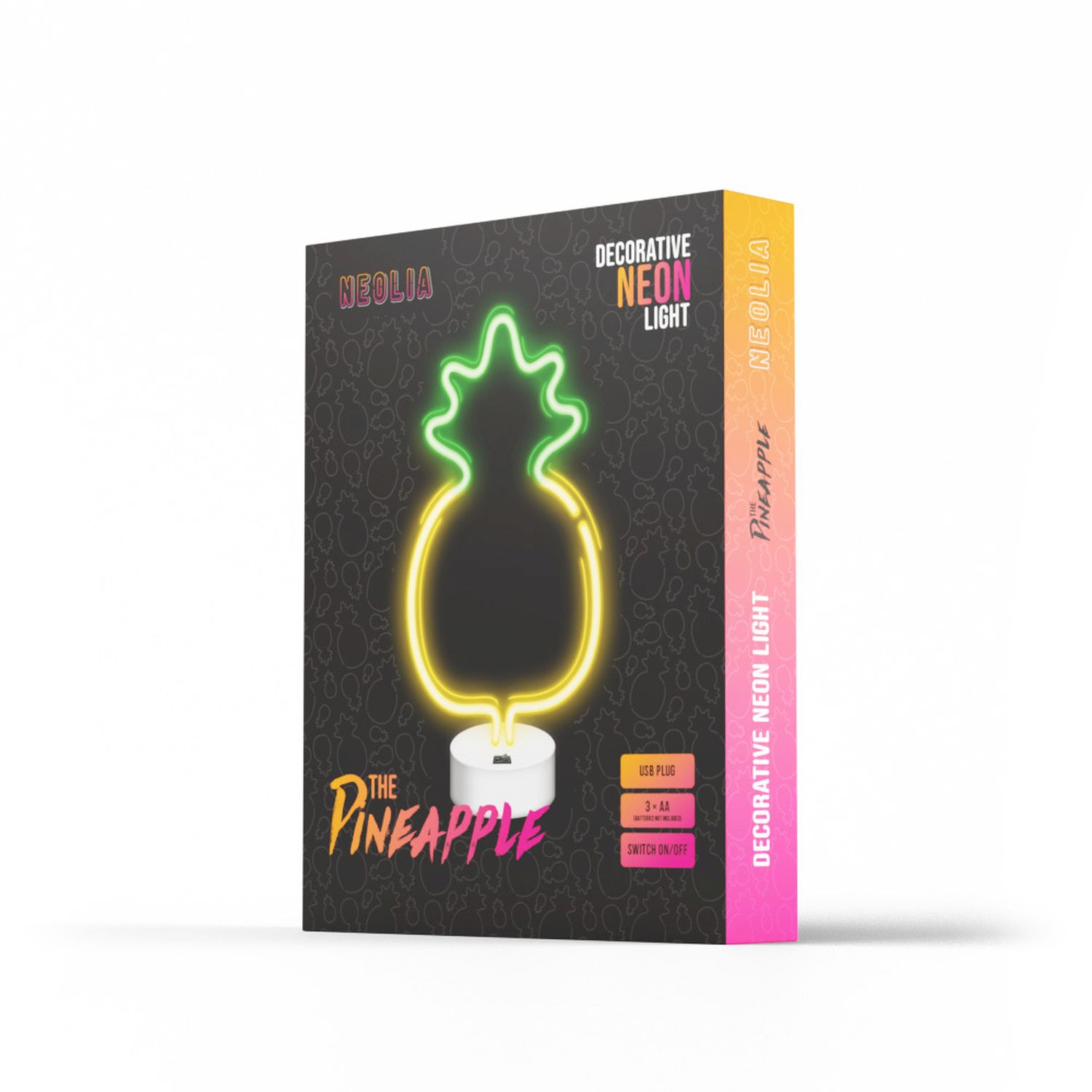 Ananas-Neonlicht in einer Box. Gelbe und grüne Neonfarben. Weißer Hintergrund.