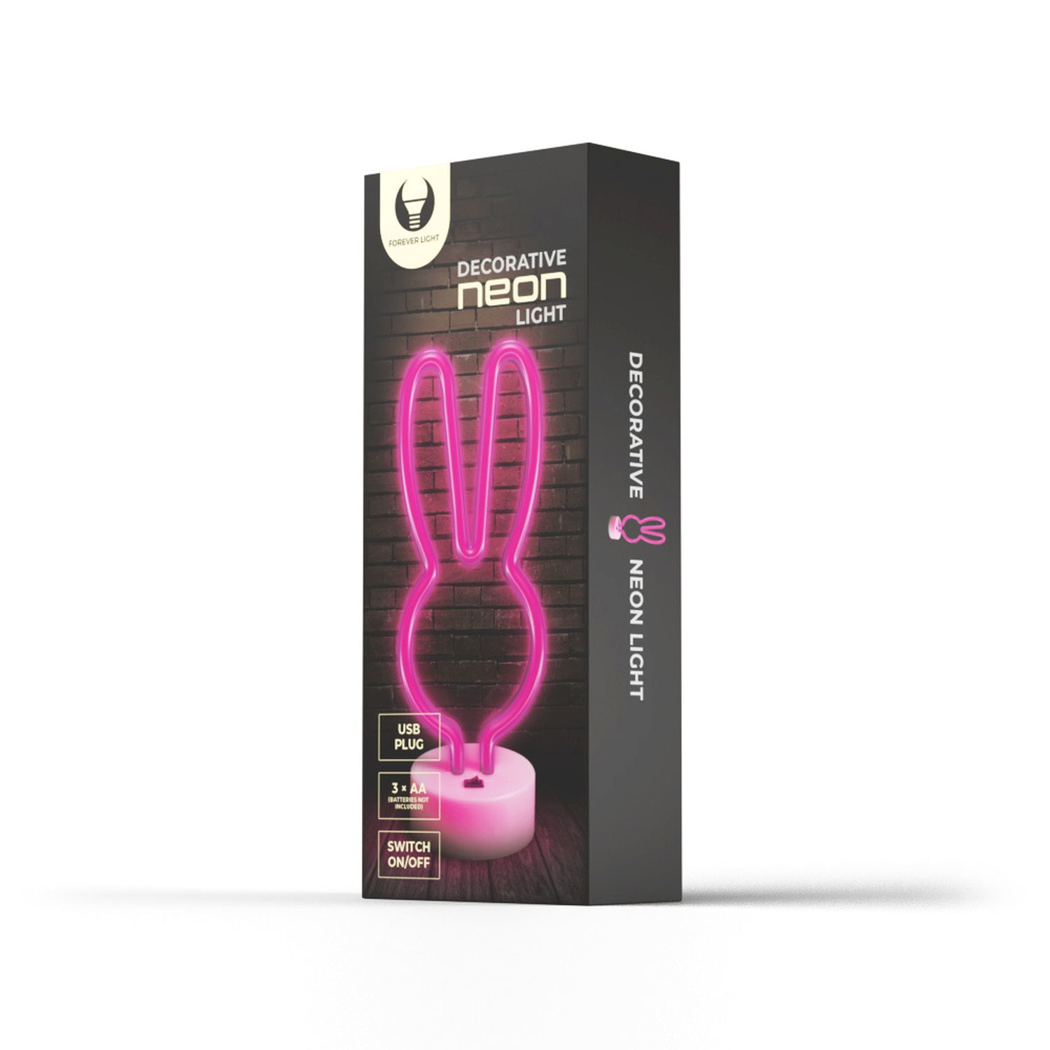 Eine schwarze Box mit einem rosa Neon-Hasen darauf.