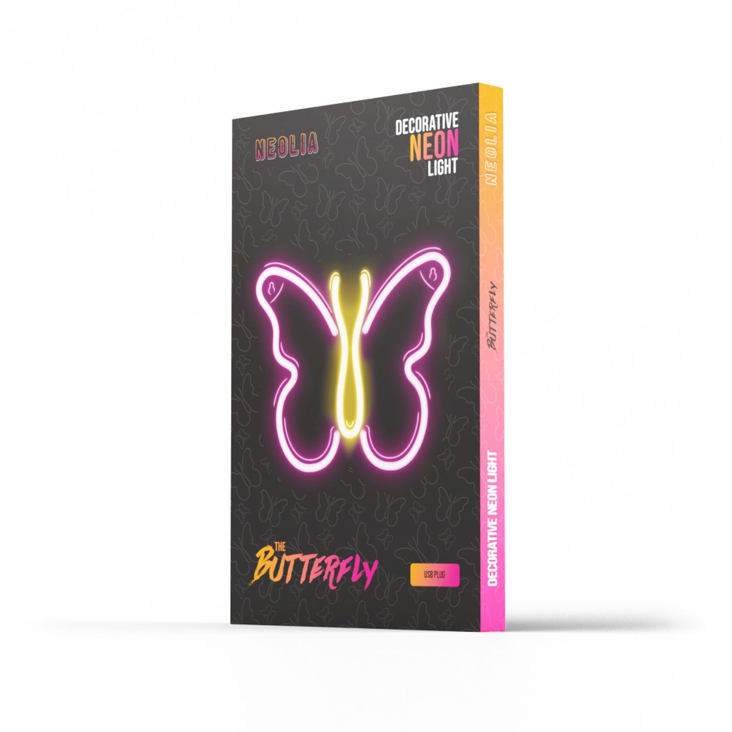 Dekorative Neon-Leuchte in Schmetterlingsform. Box mit Logo und Design.