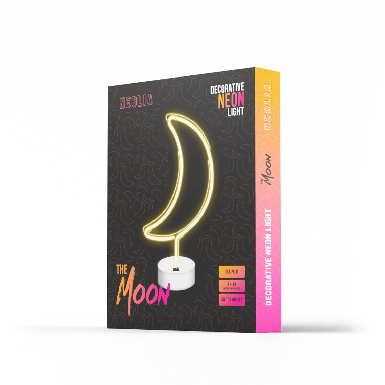 Neonförmiges Mondlicht in einer Box mit Text und Ein/Aus-Symbol, auf weißer Oberfläche.