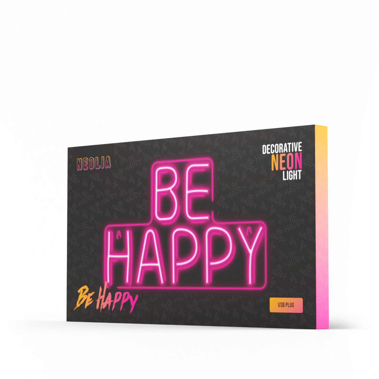 Karton mit pinkfarbenem Neonschild mit der Aufschrift 'BE HAPPY'. Dekorative Neonleuchte mit USB-Stecker.