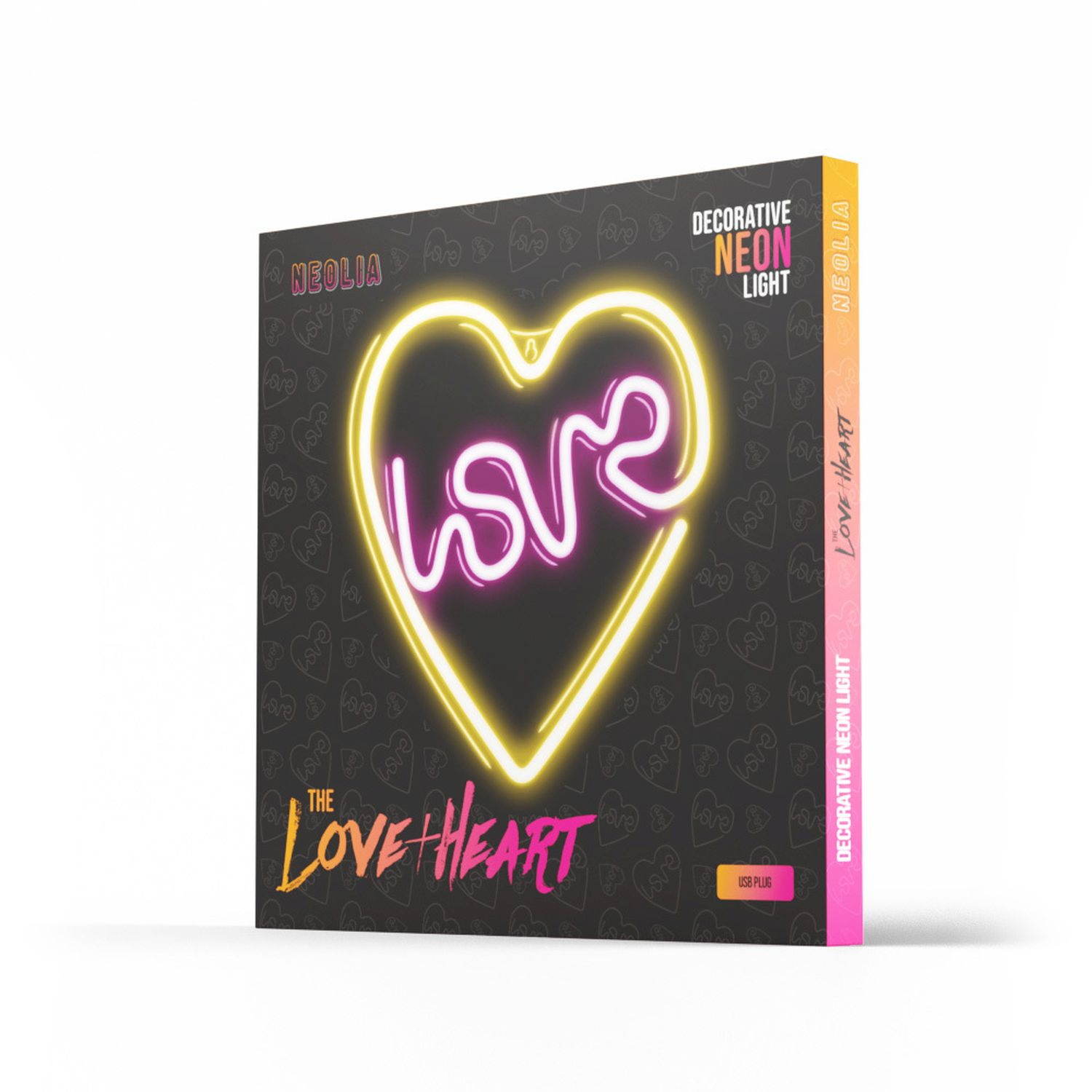 La caja de una luz de neón con forma de corazón de amor tiene un letrero de neón rosa y amarillo.
