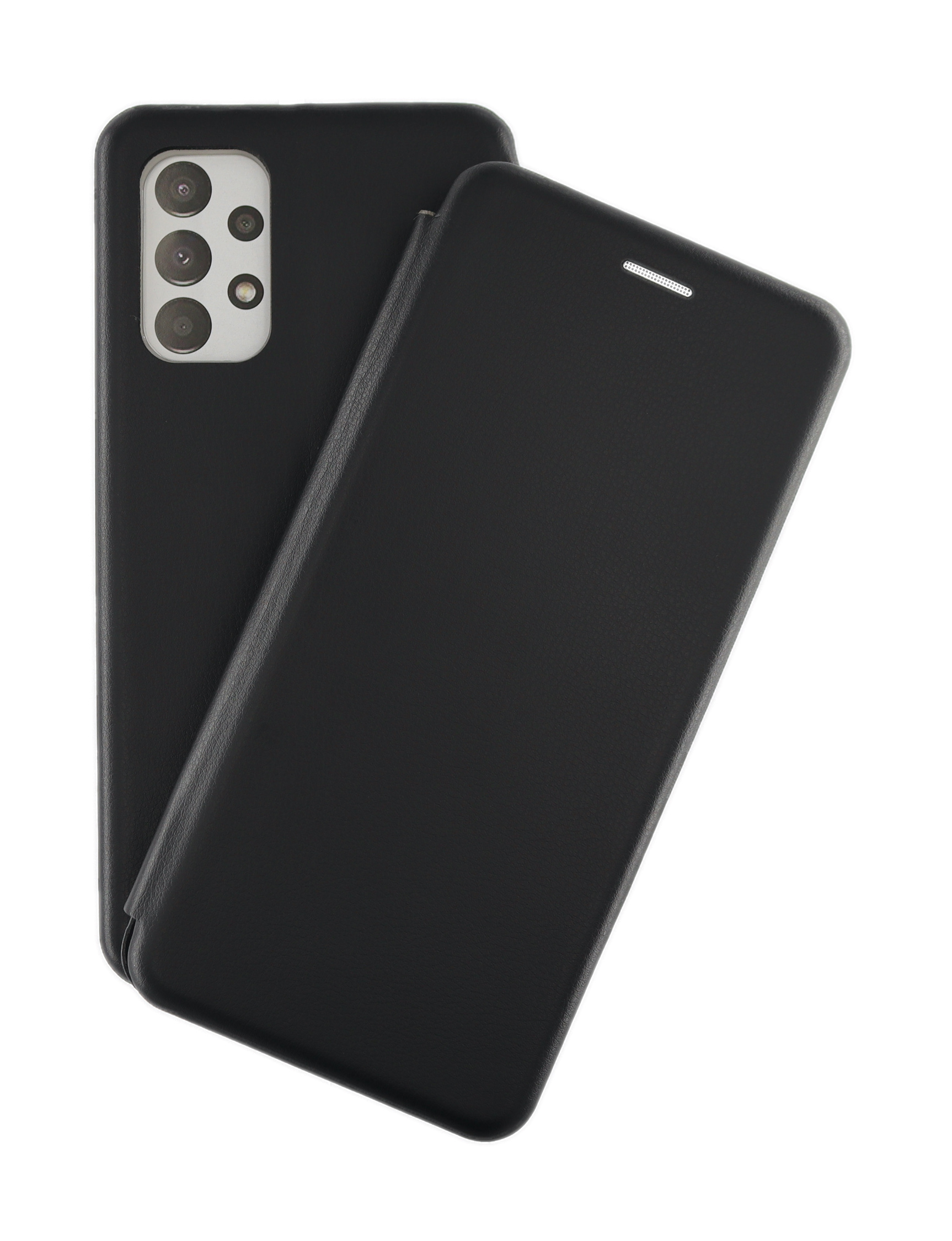Schwarze Handyhülle, offen, mit Telefon; schwarze Rückseite und offene Seite.