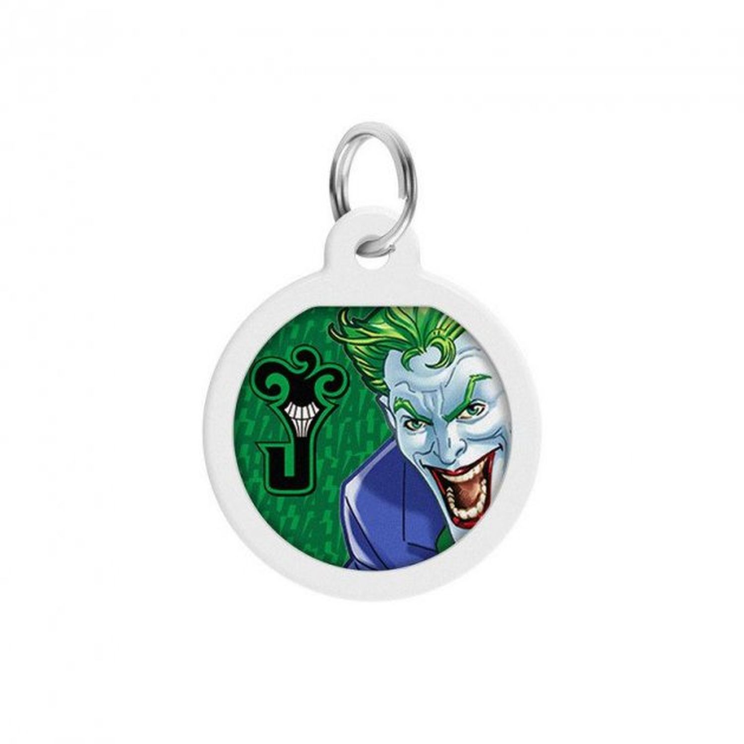 Ein weißer, kreisförmiger Joker-Anhänger mit dem Gesicht des Jokers und dem Wort 'HA' in Grün.