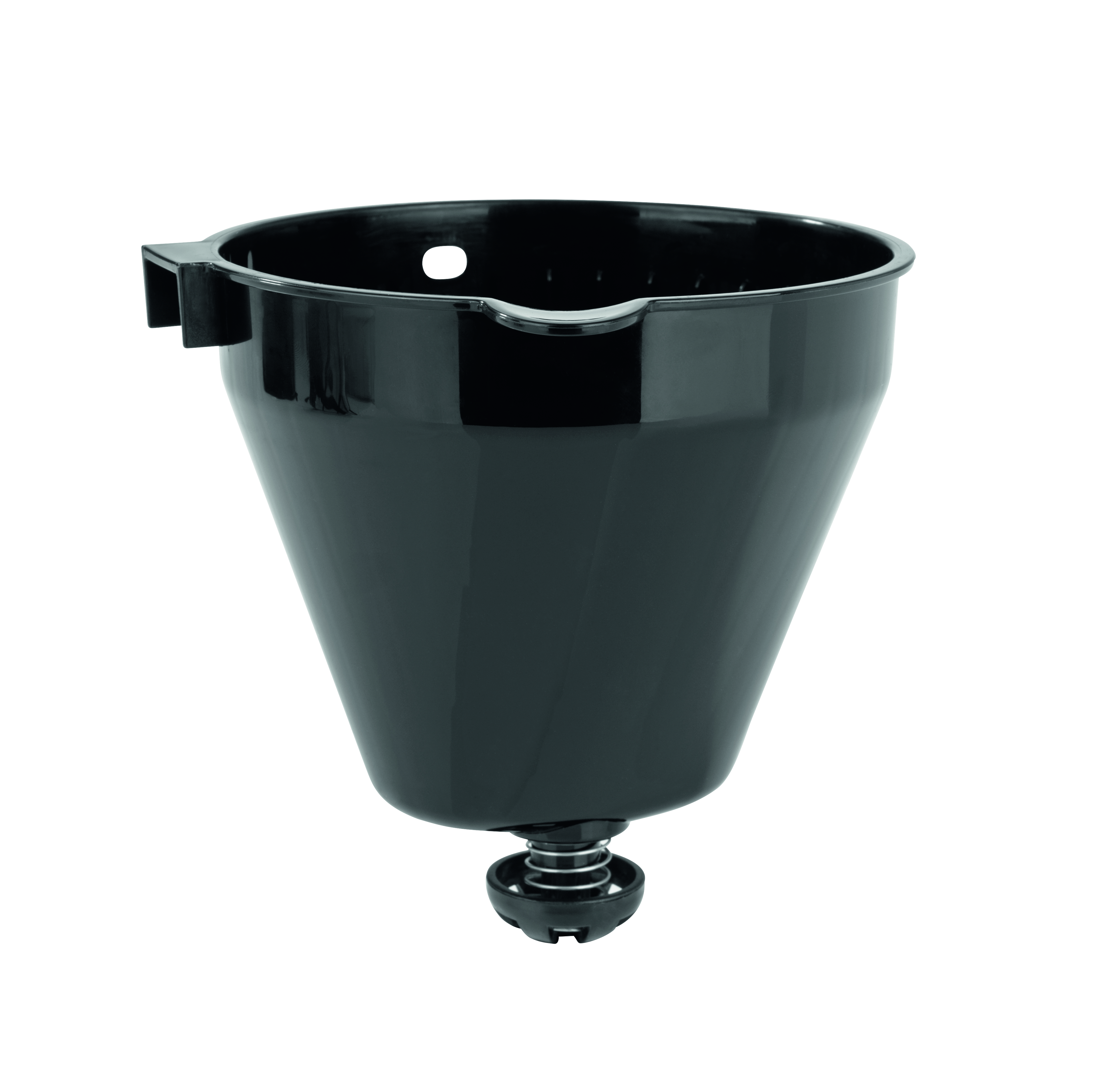 Cestello filtro caffè nero. A forma di cono, con molla e piccolo foro in basso.