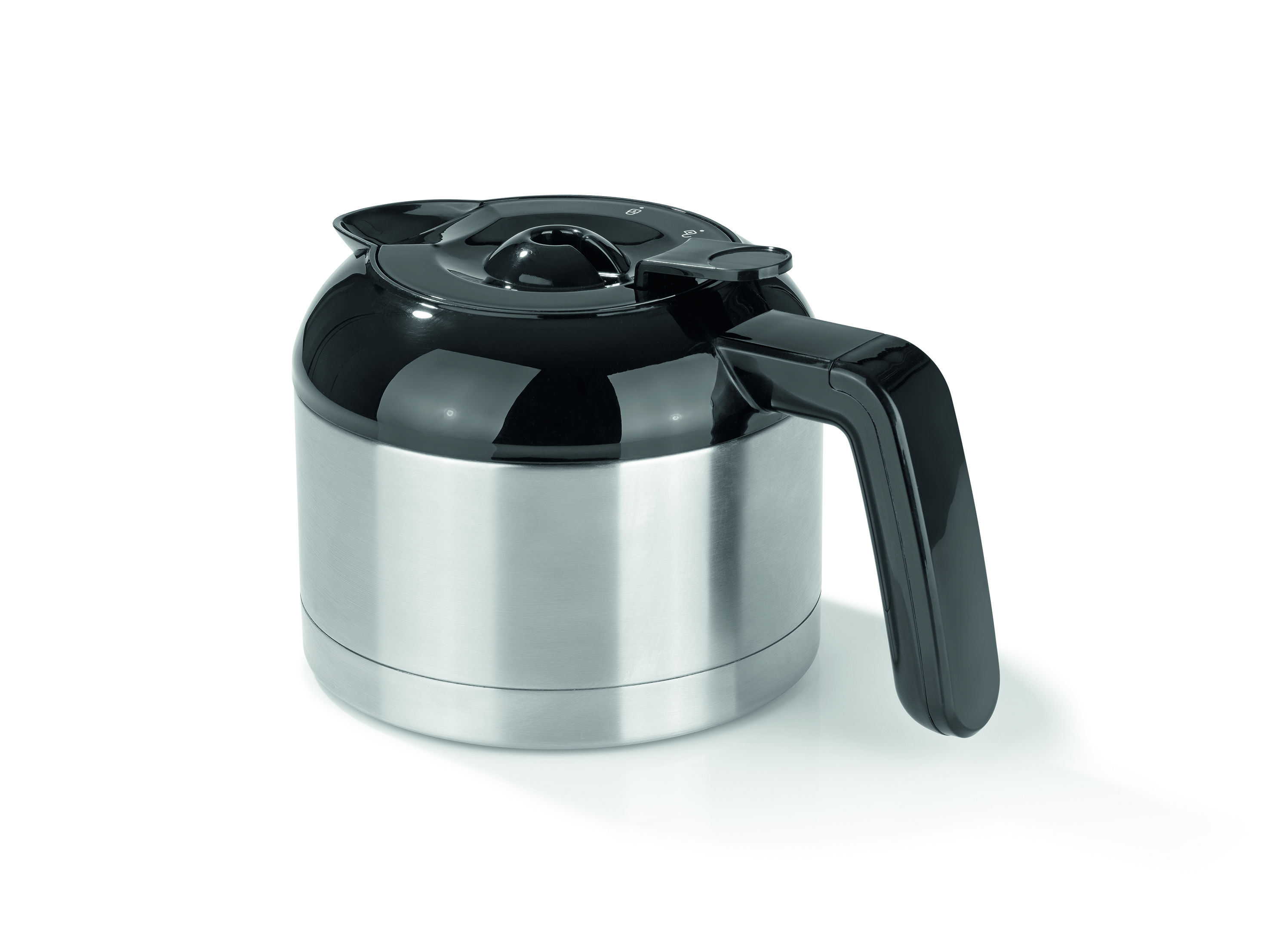 Caffettiera in acciaio inossidabile con coperchio nero su sfondo bianco.