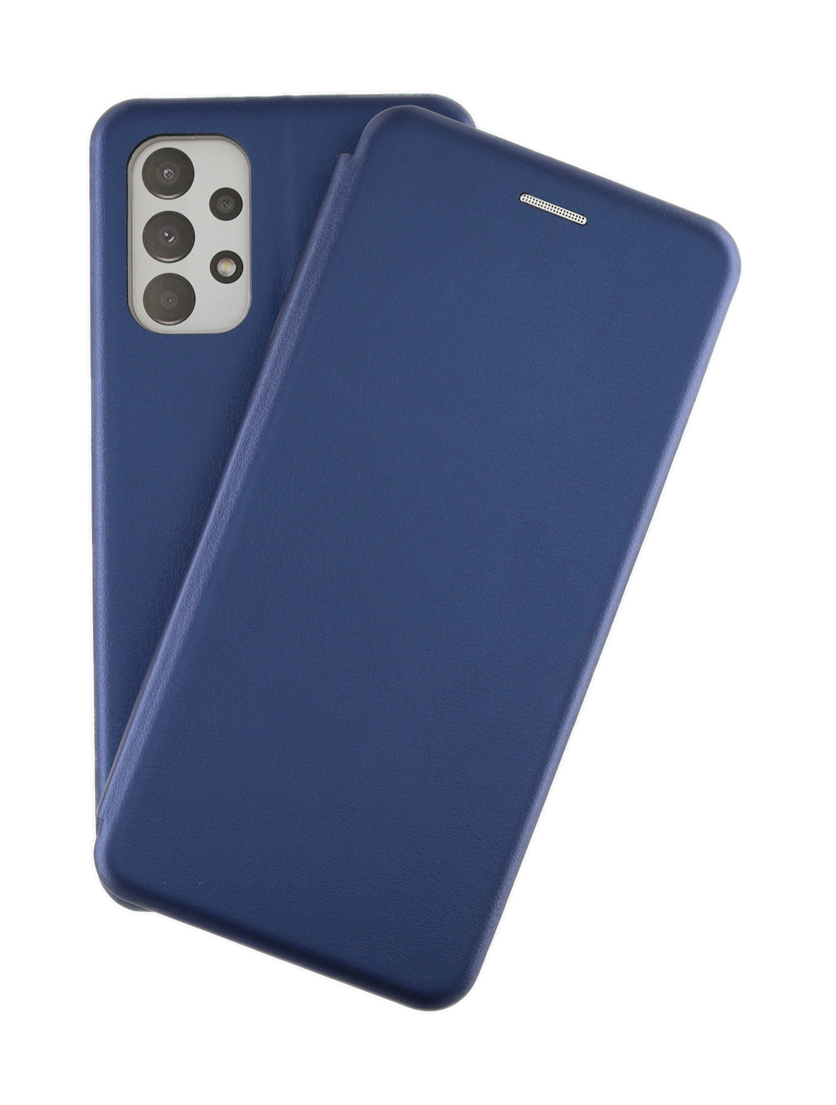 Blaues, lederartiges Handycase mit Kameraausschnitt. Das Case ist geschlossen und gefaltet.