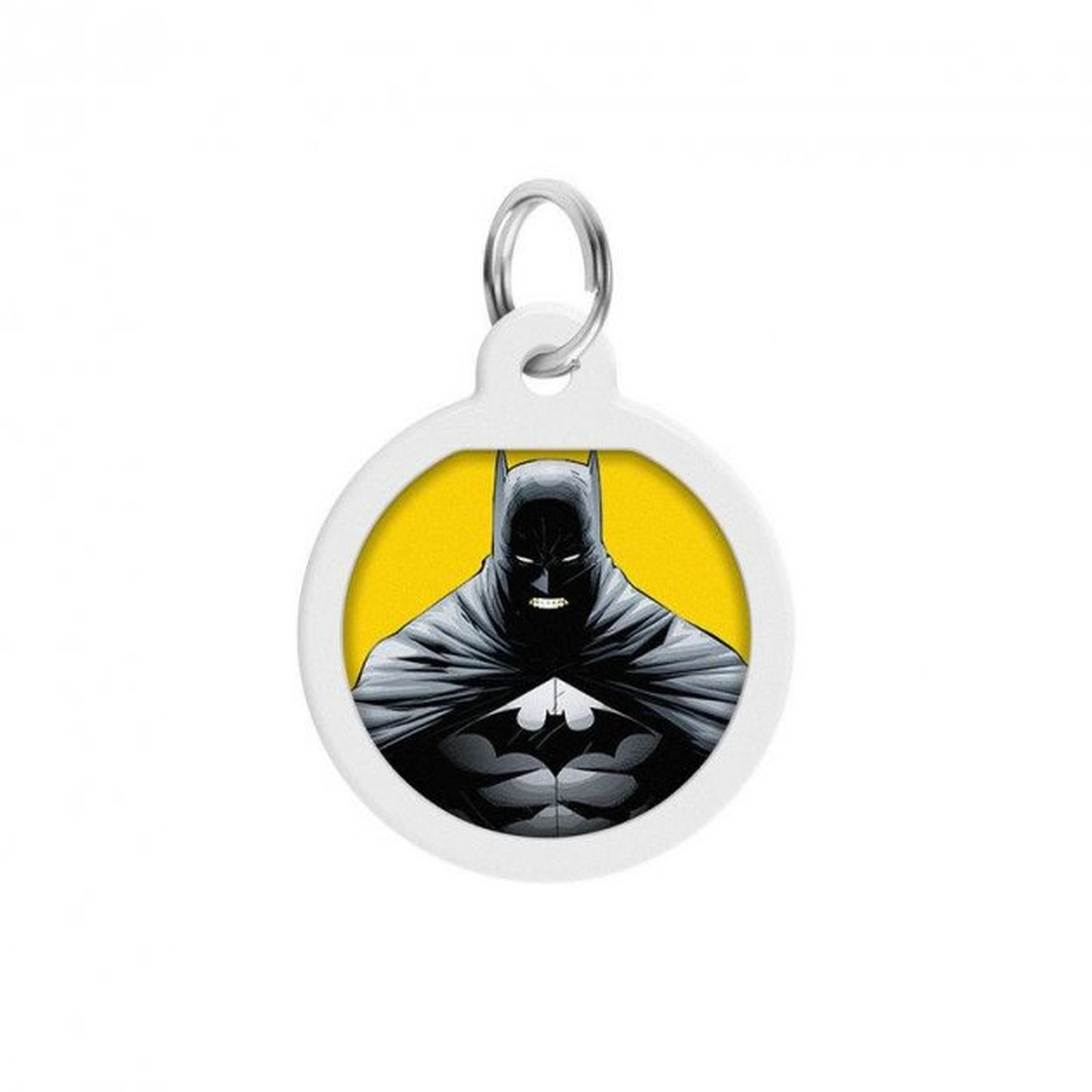 Ein Batman-Hundeanhänger mit Batman-Grafik auf einem gelben Kreis, in einem weißen Rahmen.