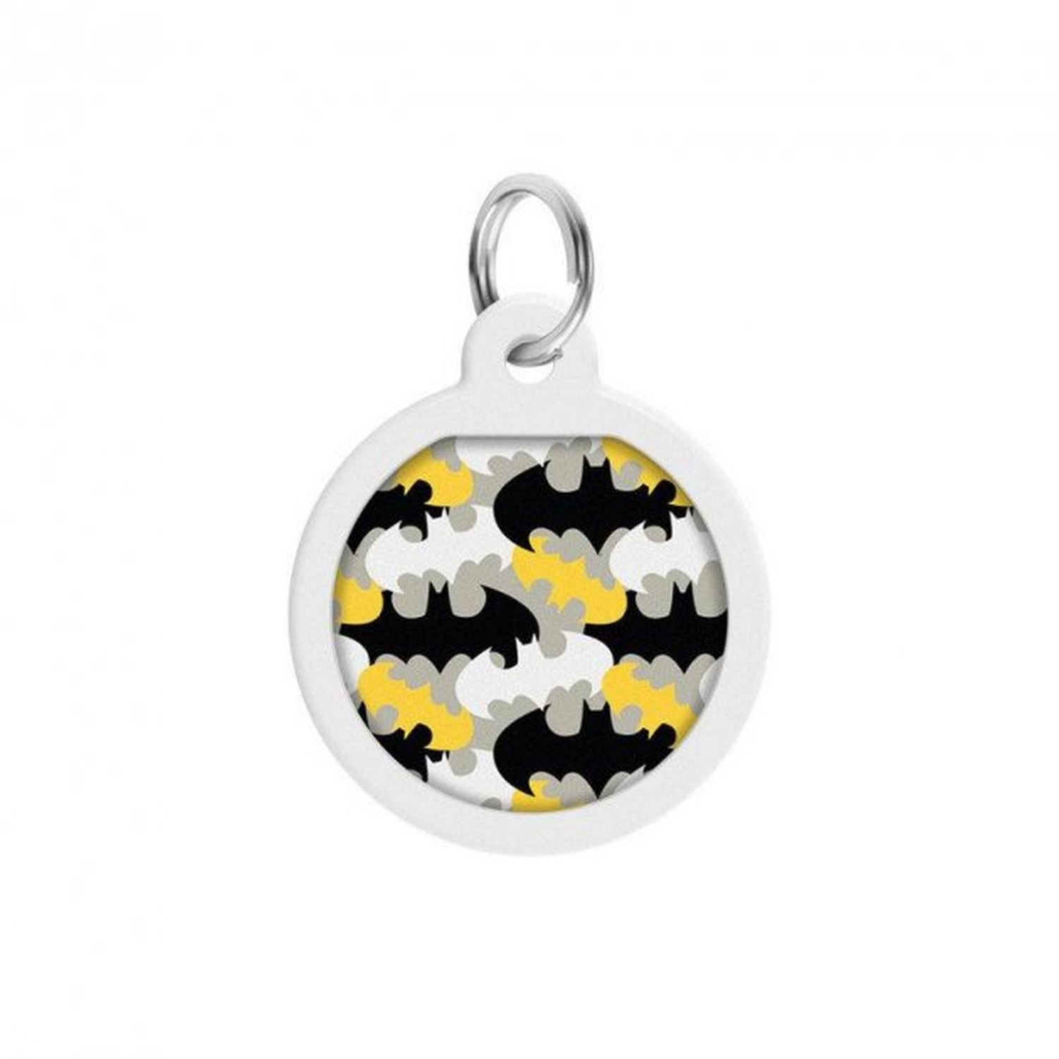 Weißer, runder Batman-Logo-Anhänger mit Fledermausmustern in Schwarz, Gelb und Weiß sowie einem Silberring.