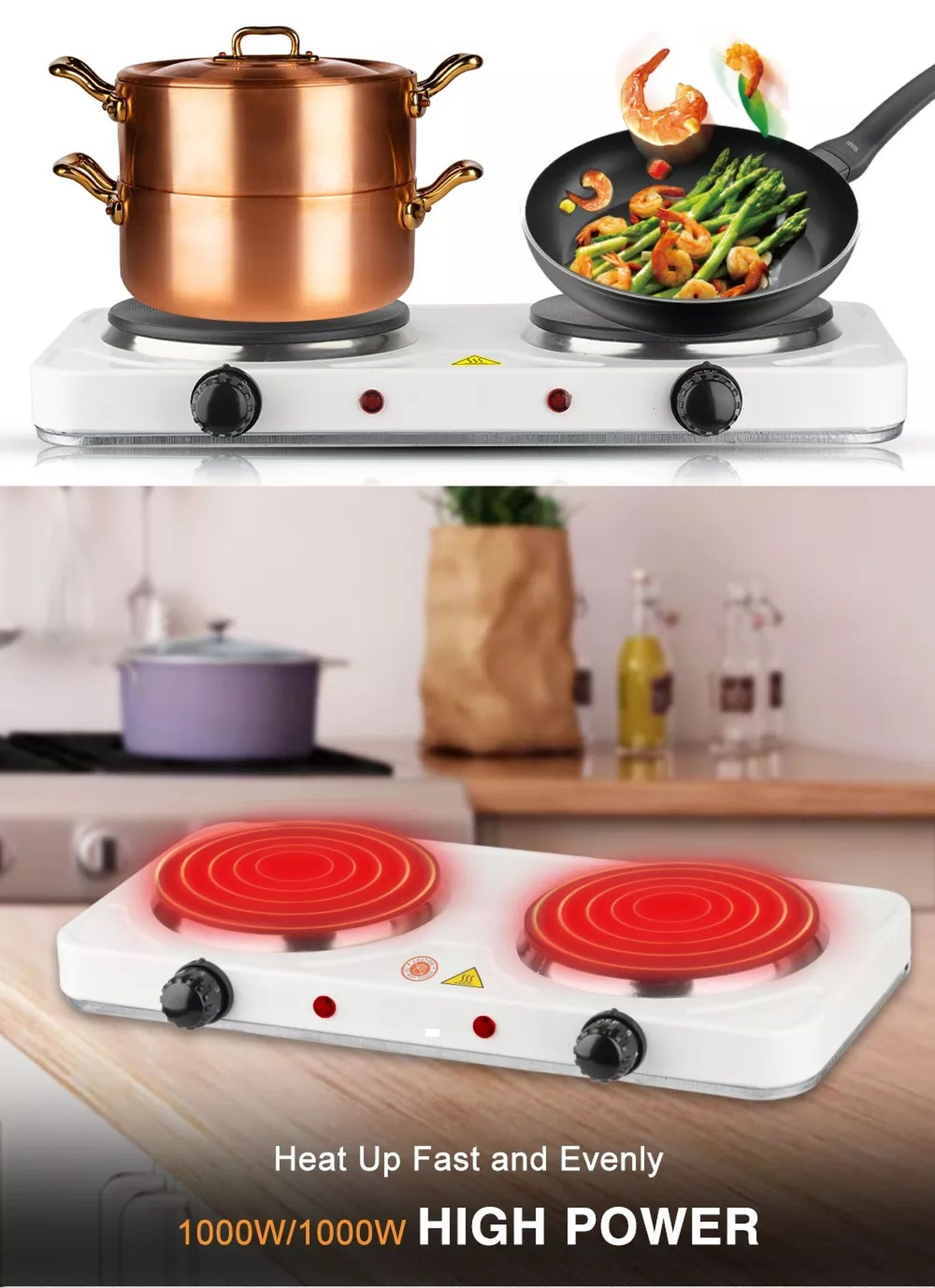 Ein weißer Elektroherd mit zwei Kochfeldern, einem Kupfertopf und einer Pfanne mit Essen. Das untere Bild zeigt die brennenden Herdplatten.