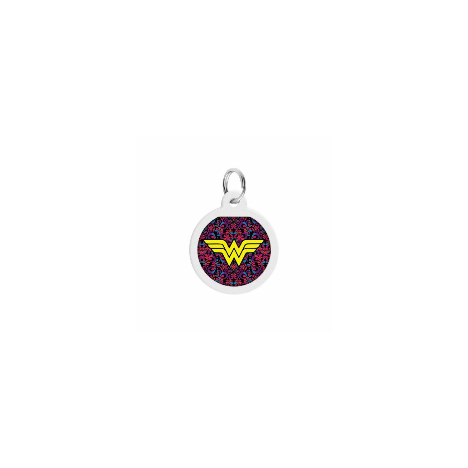 Ein Wonder Woman Logo auf einem weißen Kreis mit blumigem Hintergrund.
