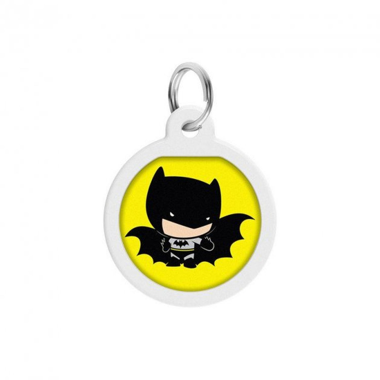 Batman-Cartoon-Anhänger auf gelbem Kreis, weißer Hintergrund.
