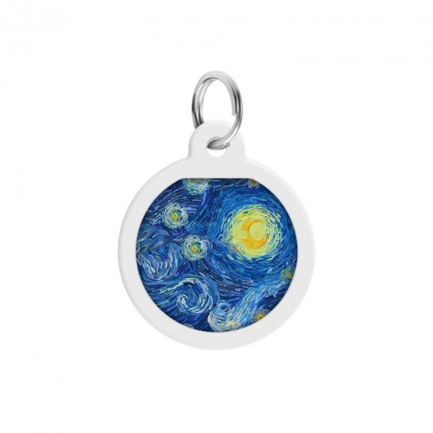 Runder, weißer Anhänger mit Van Goghs Sternennacht. Ein Metallring ist zum Aufhängen befestigt.