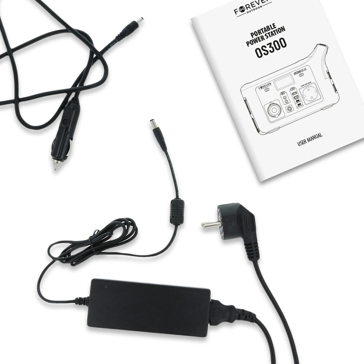 Zubehör für die Powerstation: Kabel, Netzteil und Benutzerhandbuch.