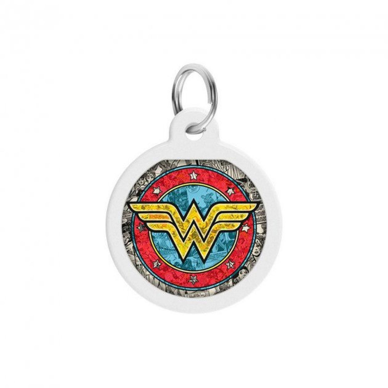 Eine weiße Wonder Woman-Hundemarke mit dem Wonder Woman-Logo.