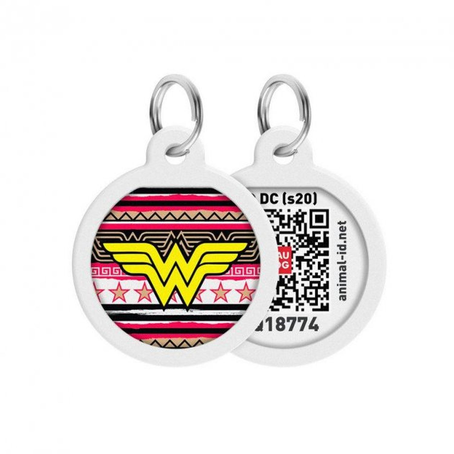 Runder Wonder Woman-Hundeanhänger mit Logo.