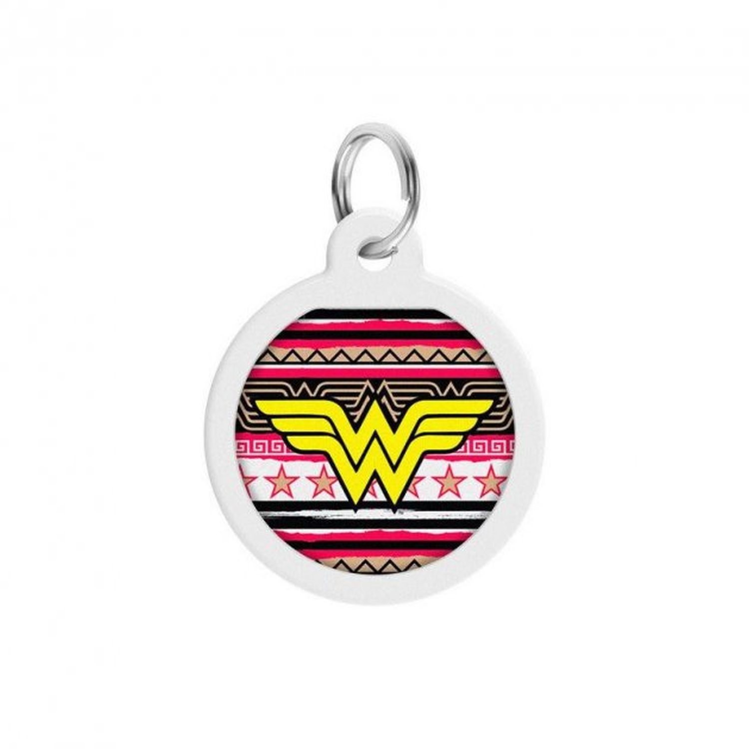Runde Wonder Woman Hundemarke. Sie hat das Wonder Woman Logo und Stammesmuster.