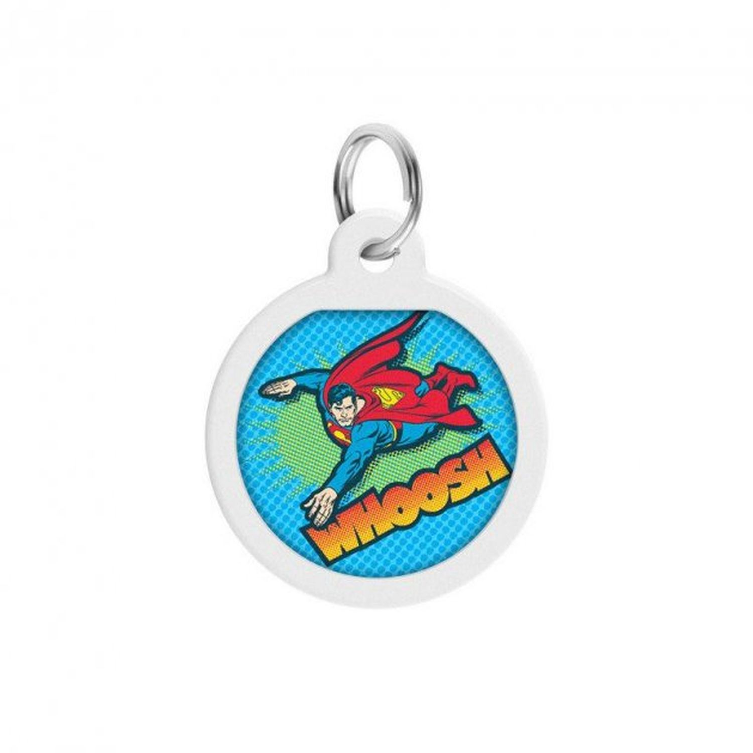 Ein weißer, kreisförmiger Superman-Anhänger mit Superman im Flug und dem Wort 'WHOOSH'.