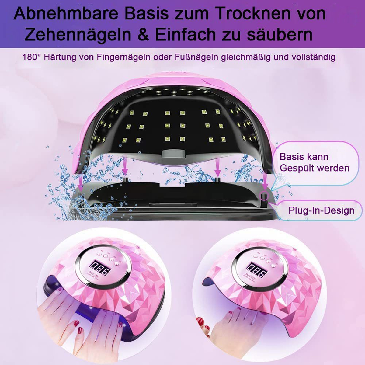Rosa Nageltrockner mit zwei rosa Händen darin. Das Bild zeigt zwei Nageltrockner und einen Wasserspritzeffekt.