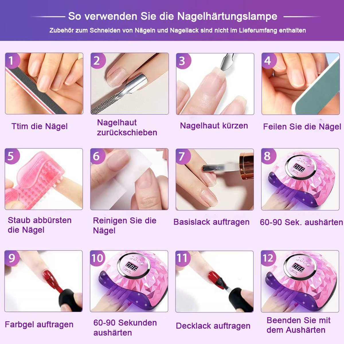 Nagelpflege-Schritte: Feilen, Nagelhautpflege, Reinigung, Gel auftragen, Aushärten.