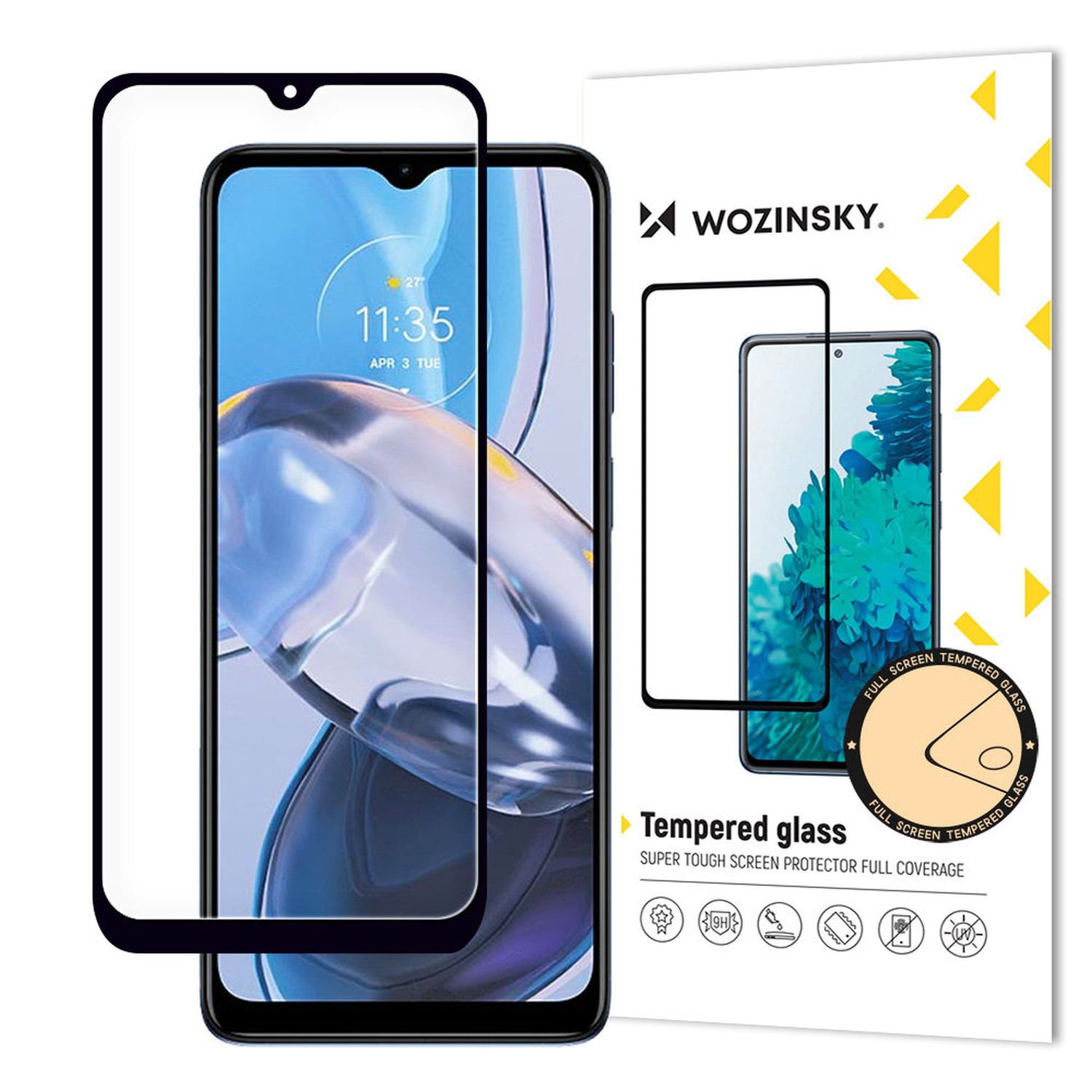 Ein Telefon mit Displayschutzfolie und Verpackung.